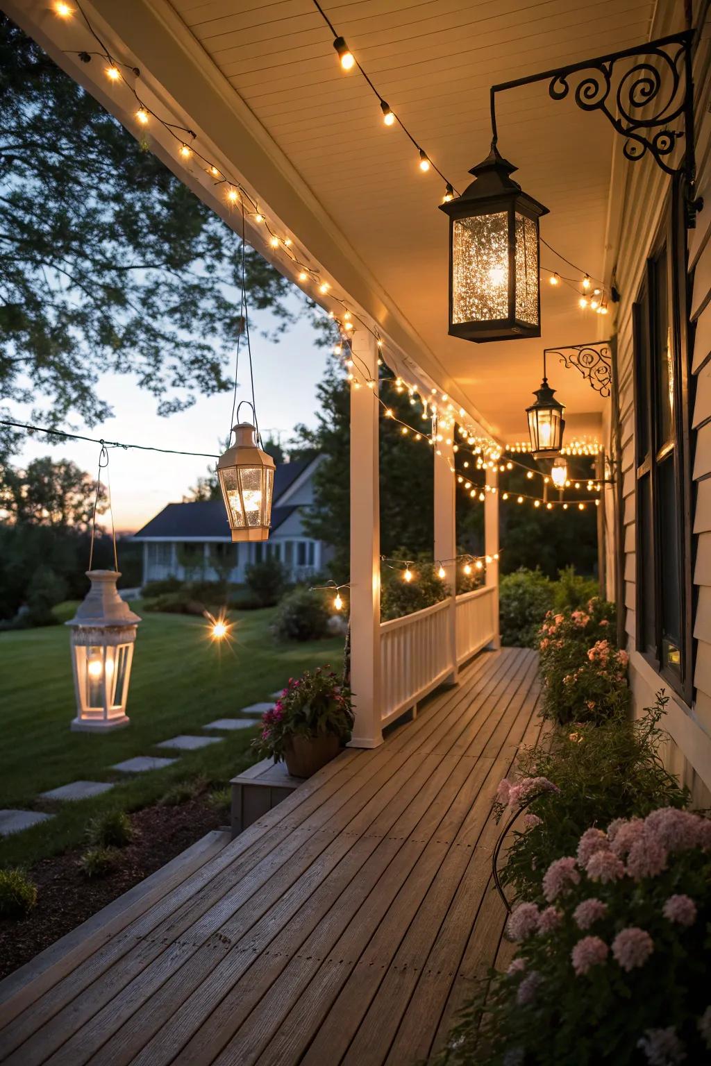 Lanterns and lights create a magical evening ambiance.