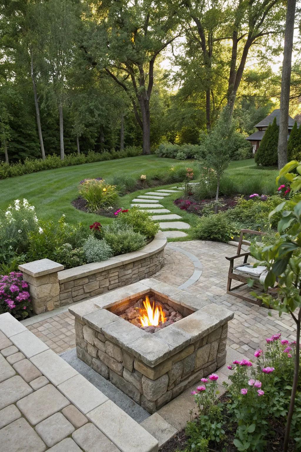 A multi-level fire pit design adds depth and interest.