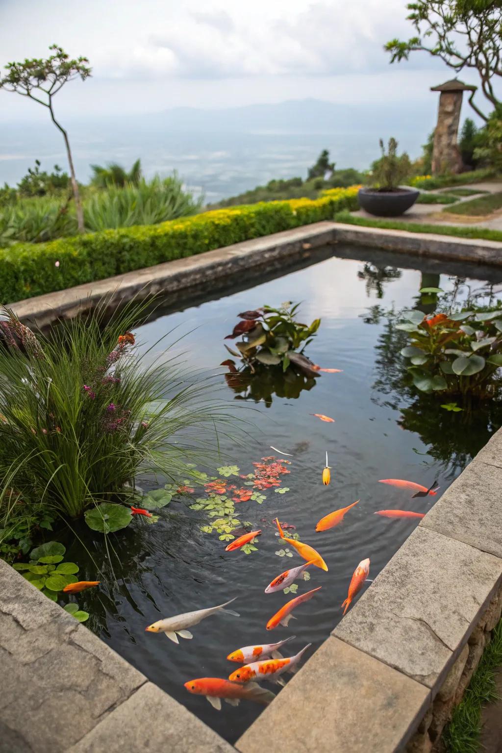 A vibrant square pond home to colorful fish and lush aquatic plants.