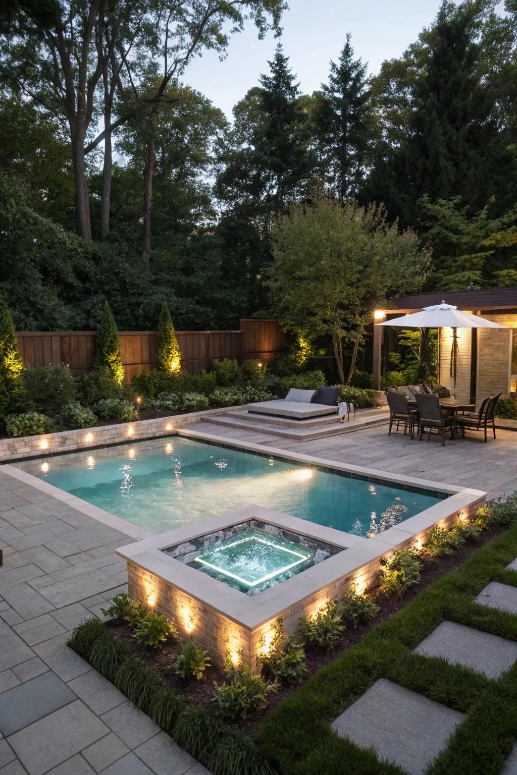 An integrated hot tub adds a touch of luxury to a square pool.