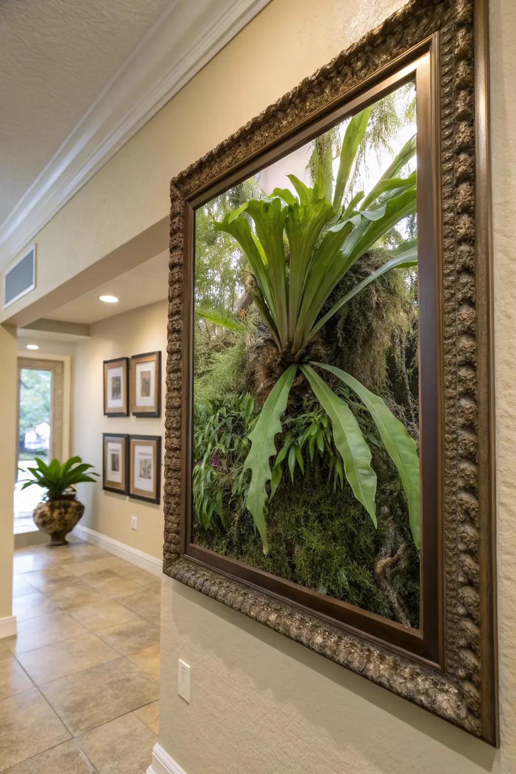 Art meets nature with an indoor framed staghorn fern.