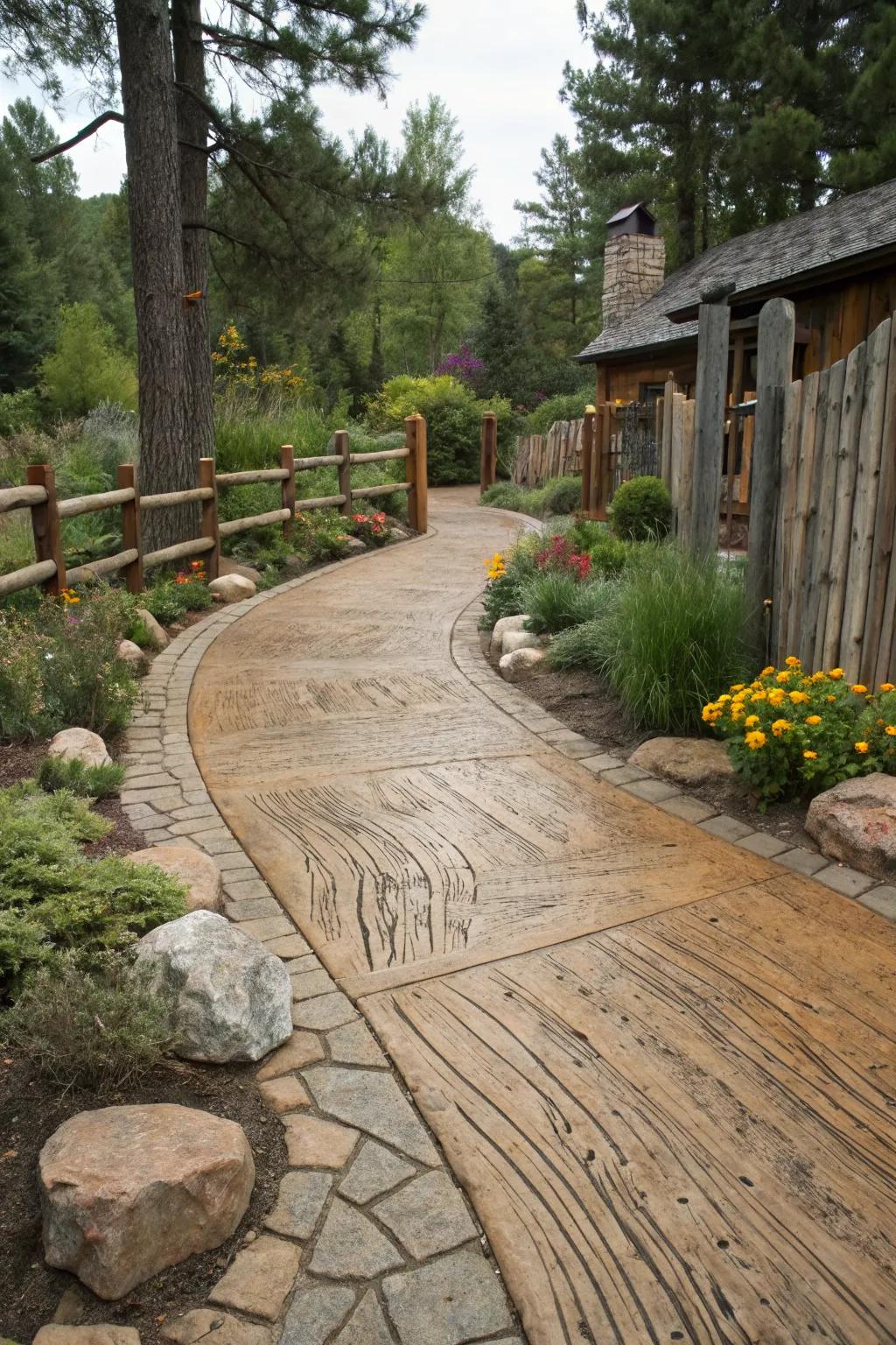 Wood grain effect gives this driveway a rustic, charming look.