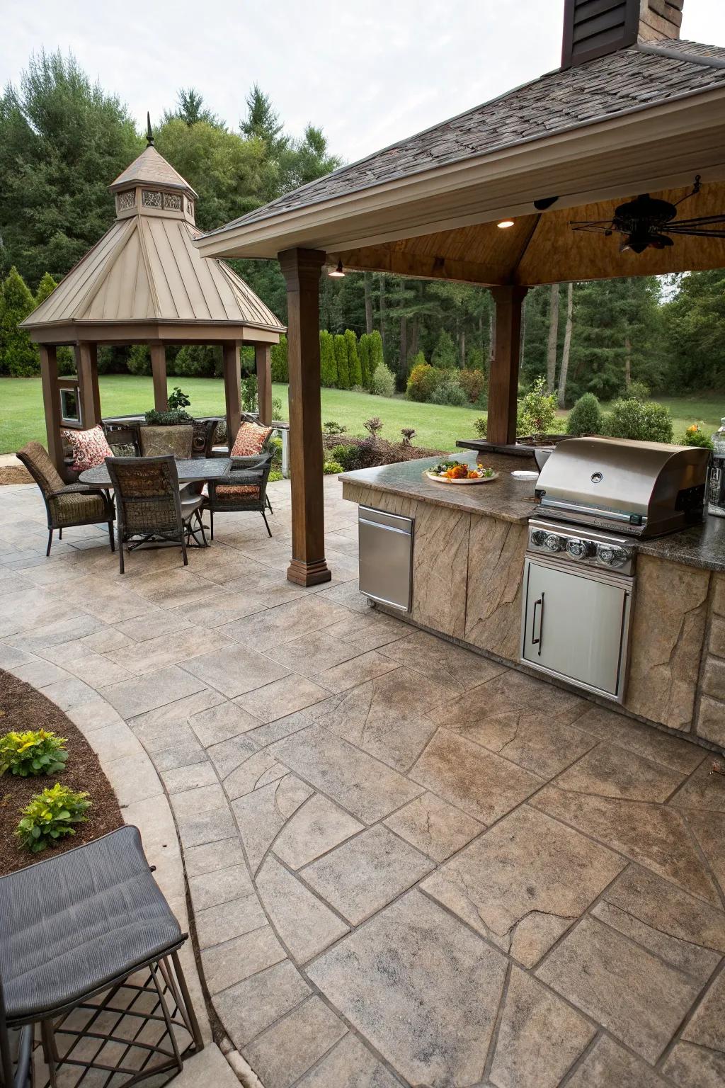 Outdoor living area on stamped concrete, perfect for entertaining.