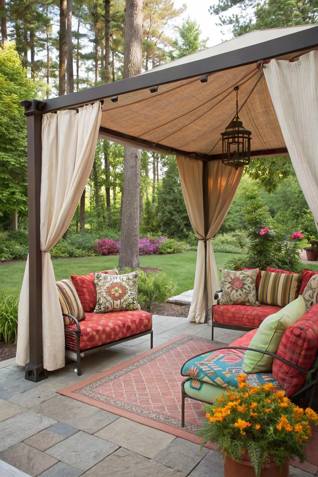 A charming patio with a versatile fabric canopy.