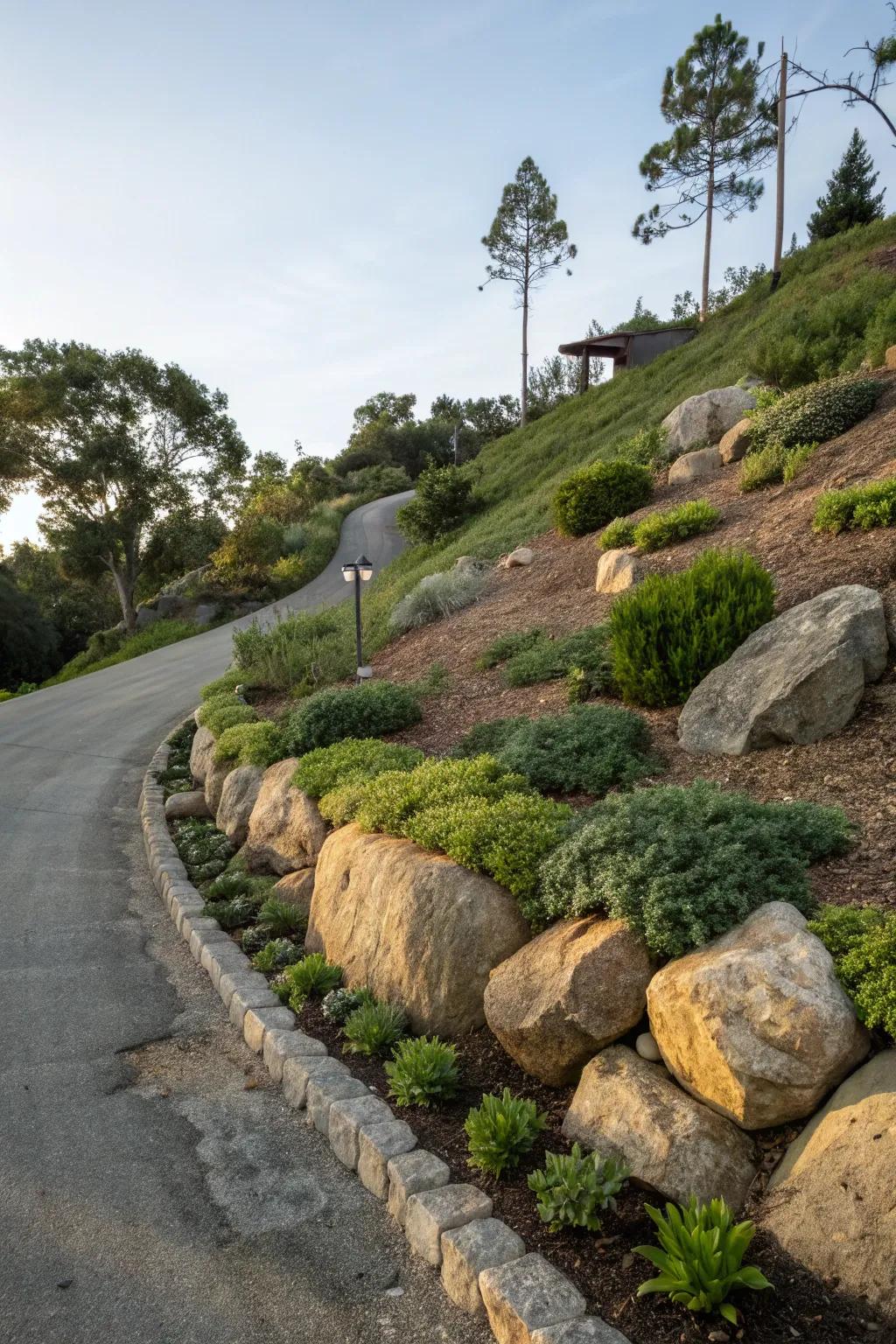 Ground covers and boulders effectively combat erosion.