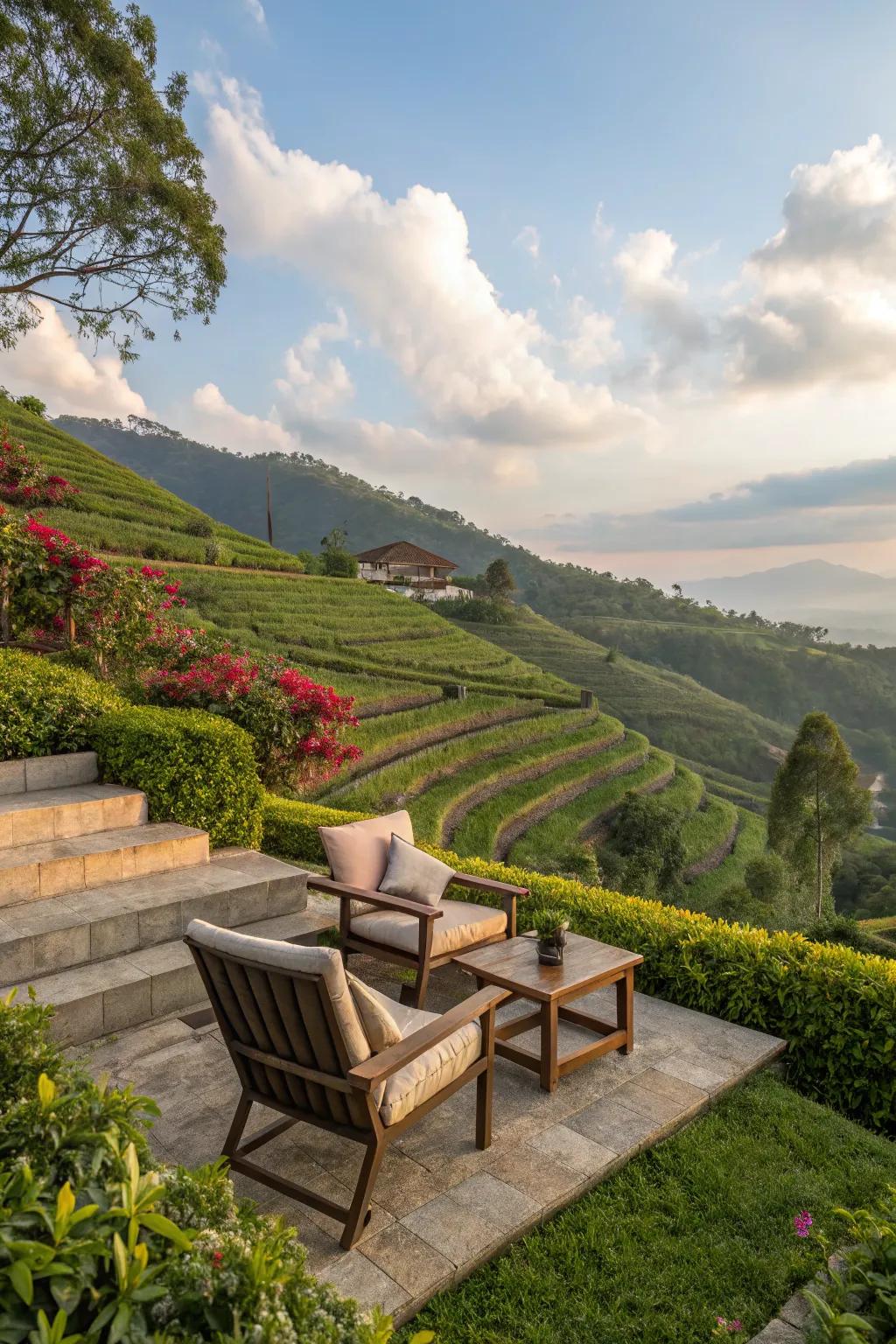 A seating area turns your hillside into a relaxation haven.