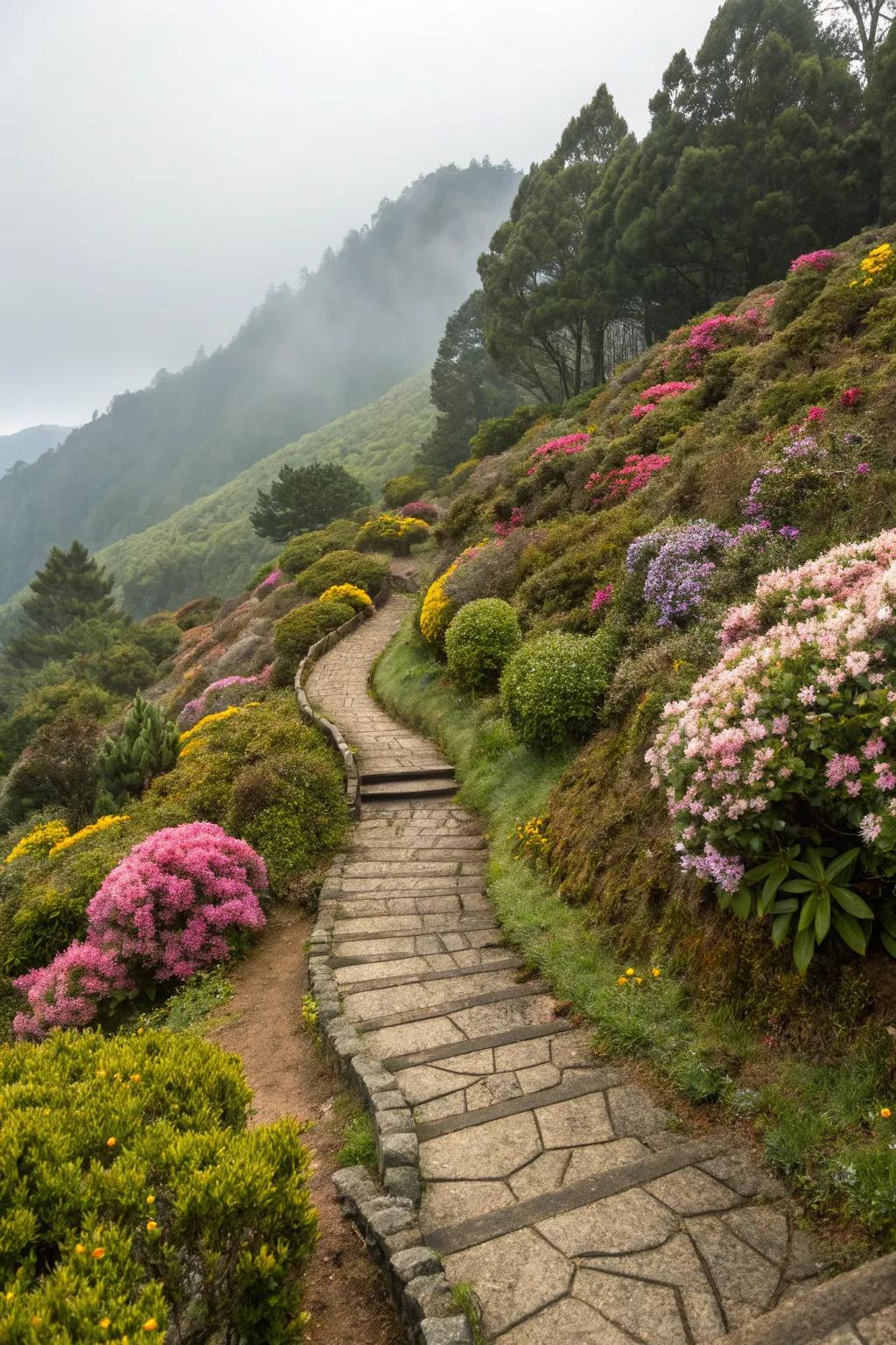 A charming garden path meandering through a steep slope.