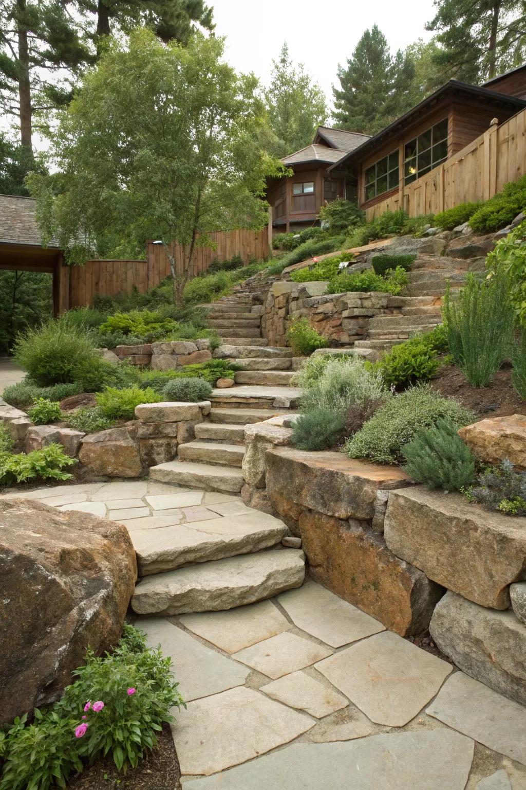 Natural stone elements add rustic charm to terraced designs.