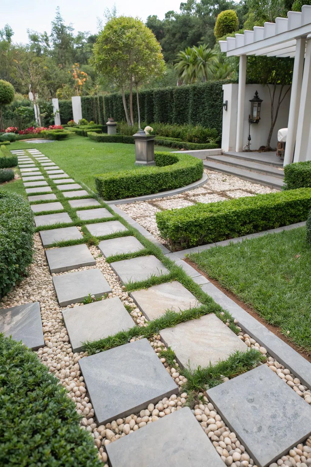 Geometric patterned stepping stones adding a modern touch to the garden