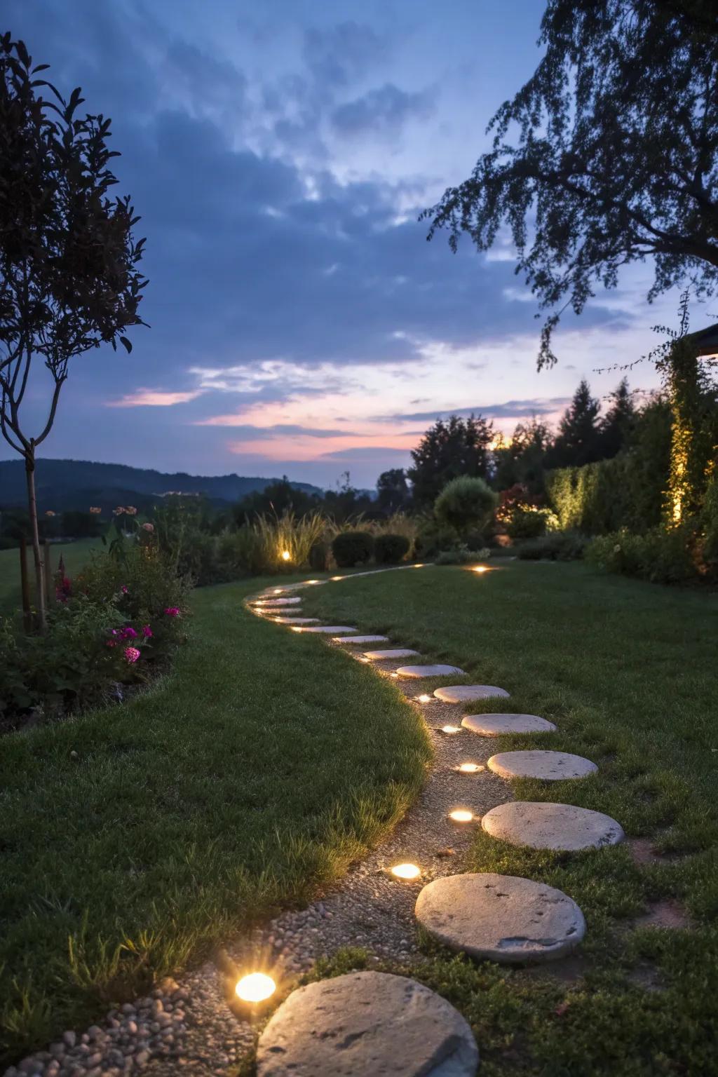 Illuminated stepping stones creating a magical nighttime path.