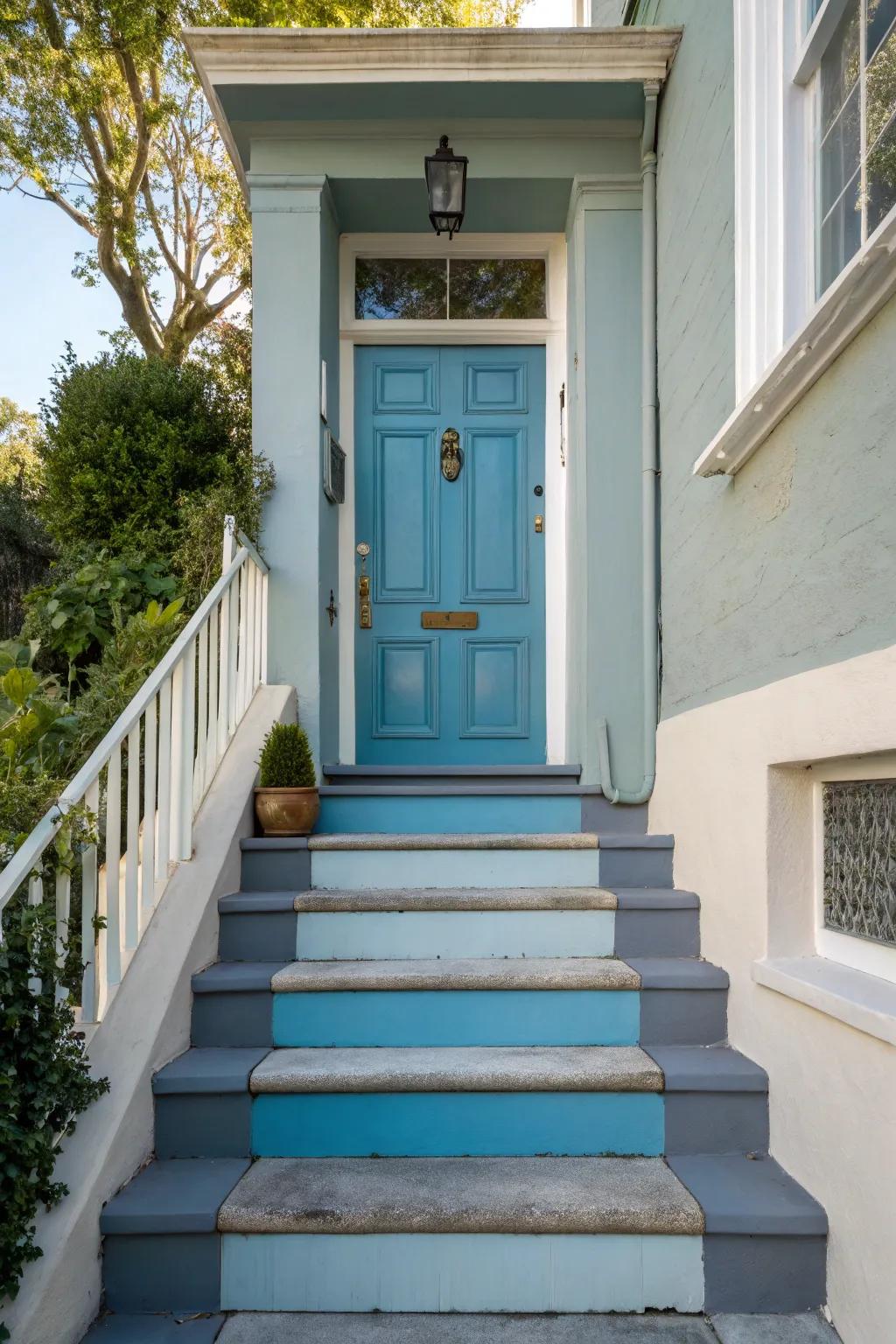 Color harmony between the front door and steps