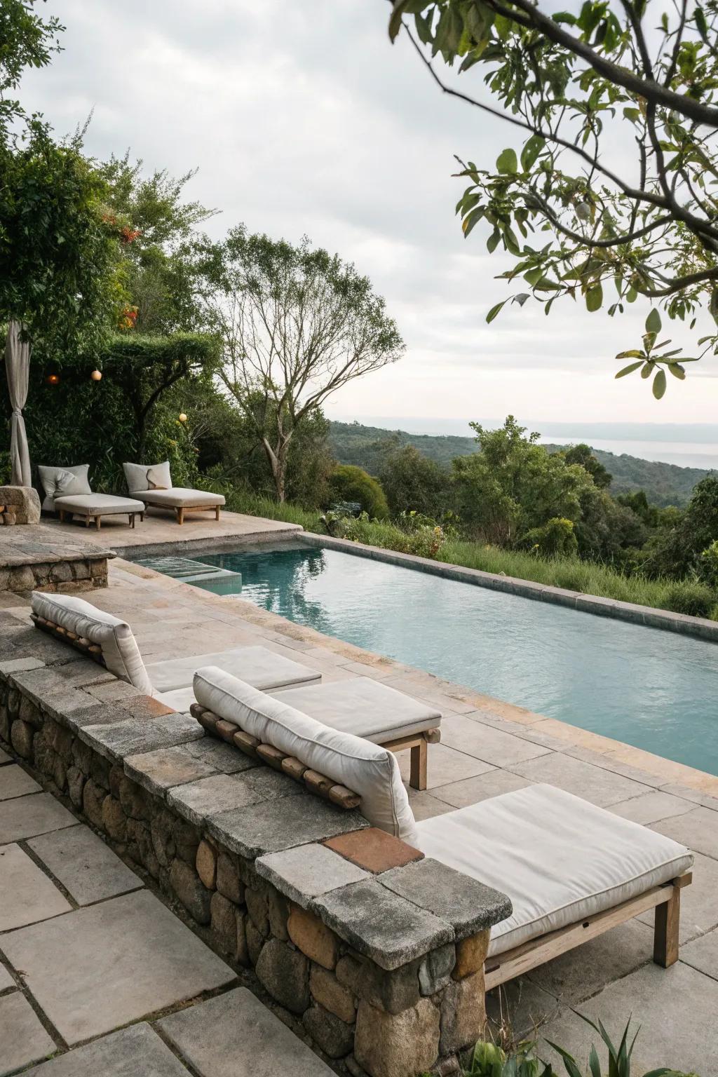 Stone seating offers a blend of comfort and elegance.