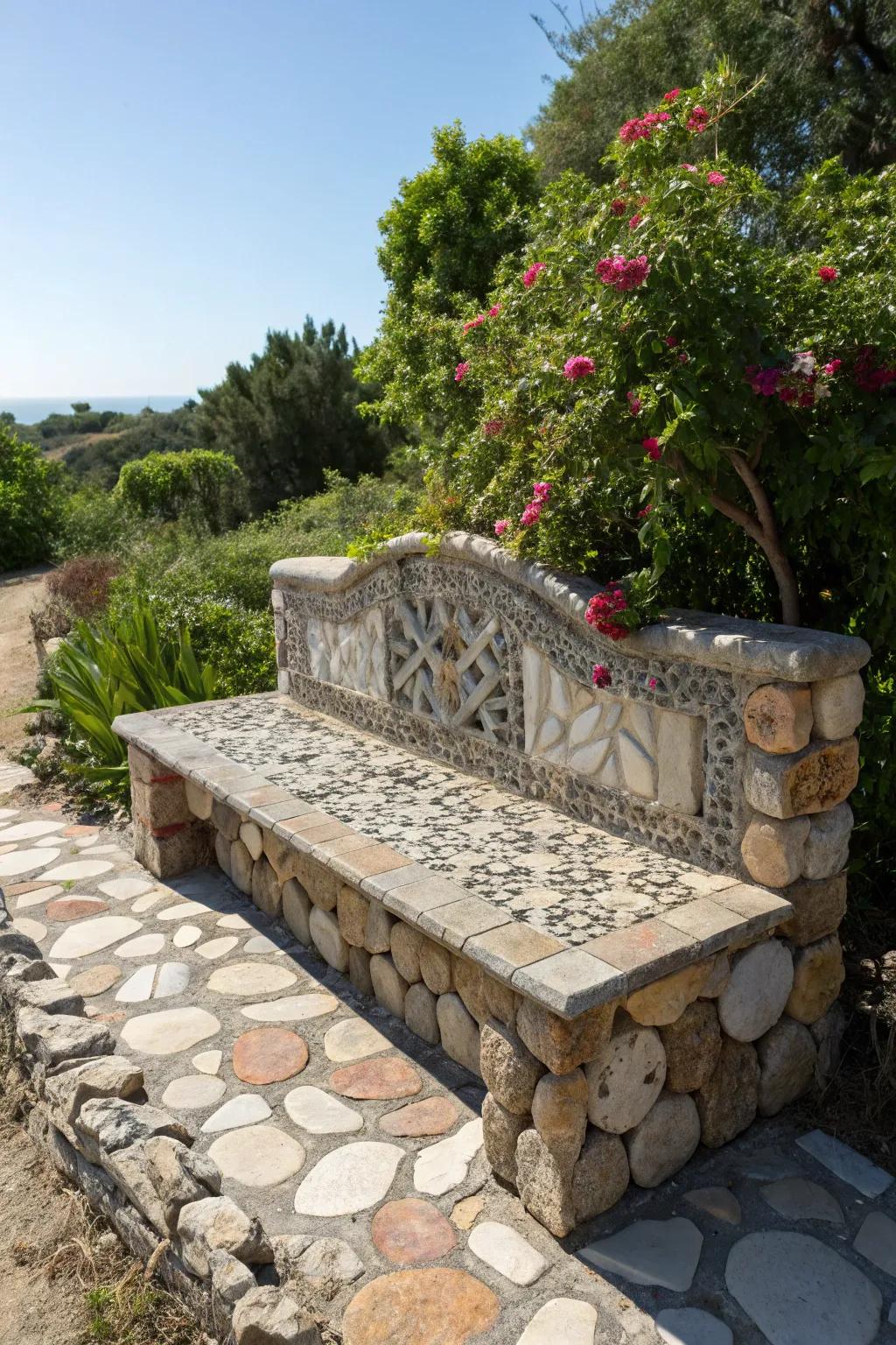 A variety of stone types bring texture and color to this bench.