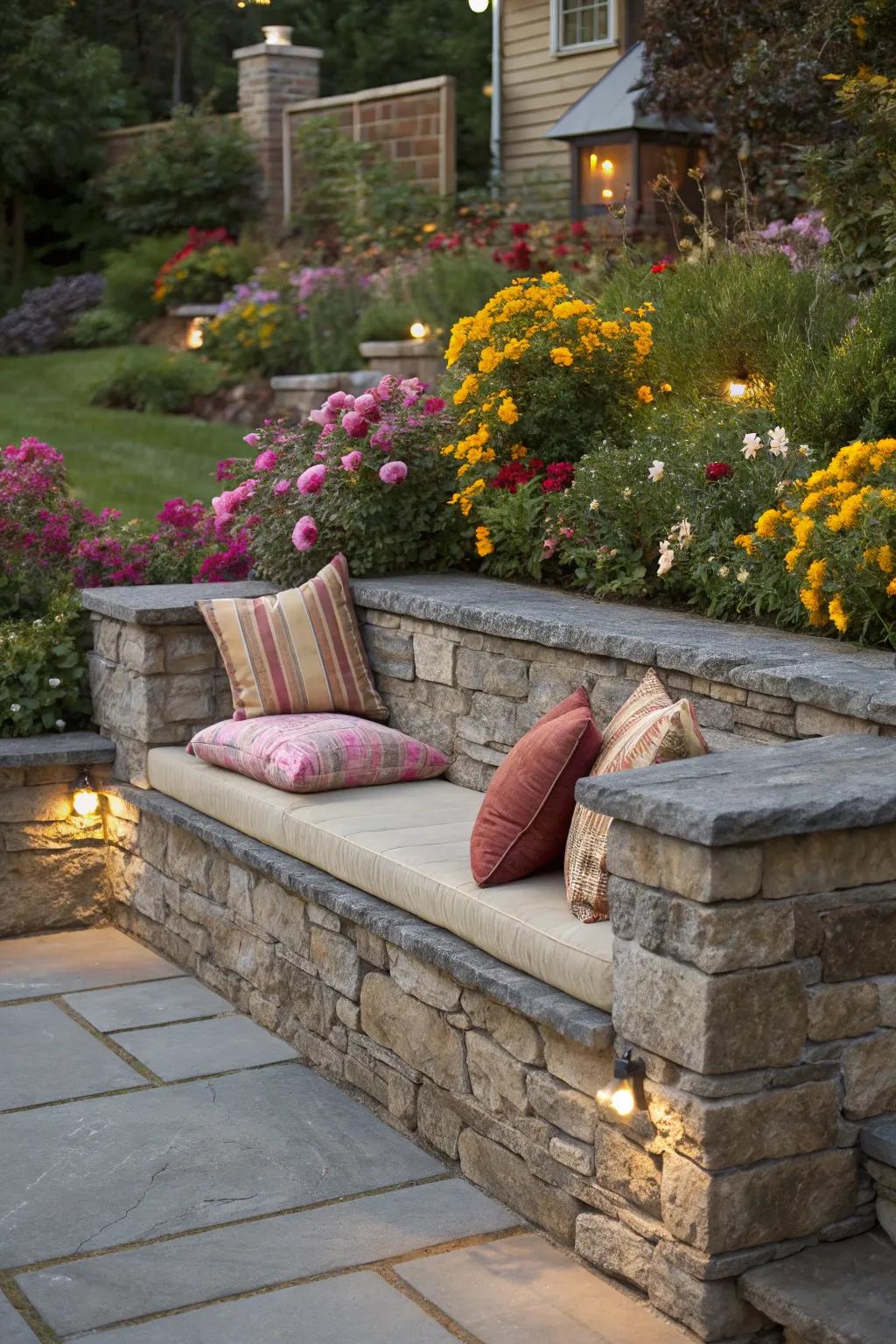 Stone walls that double as seating offer both beauty and utility.