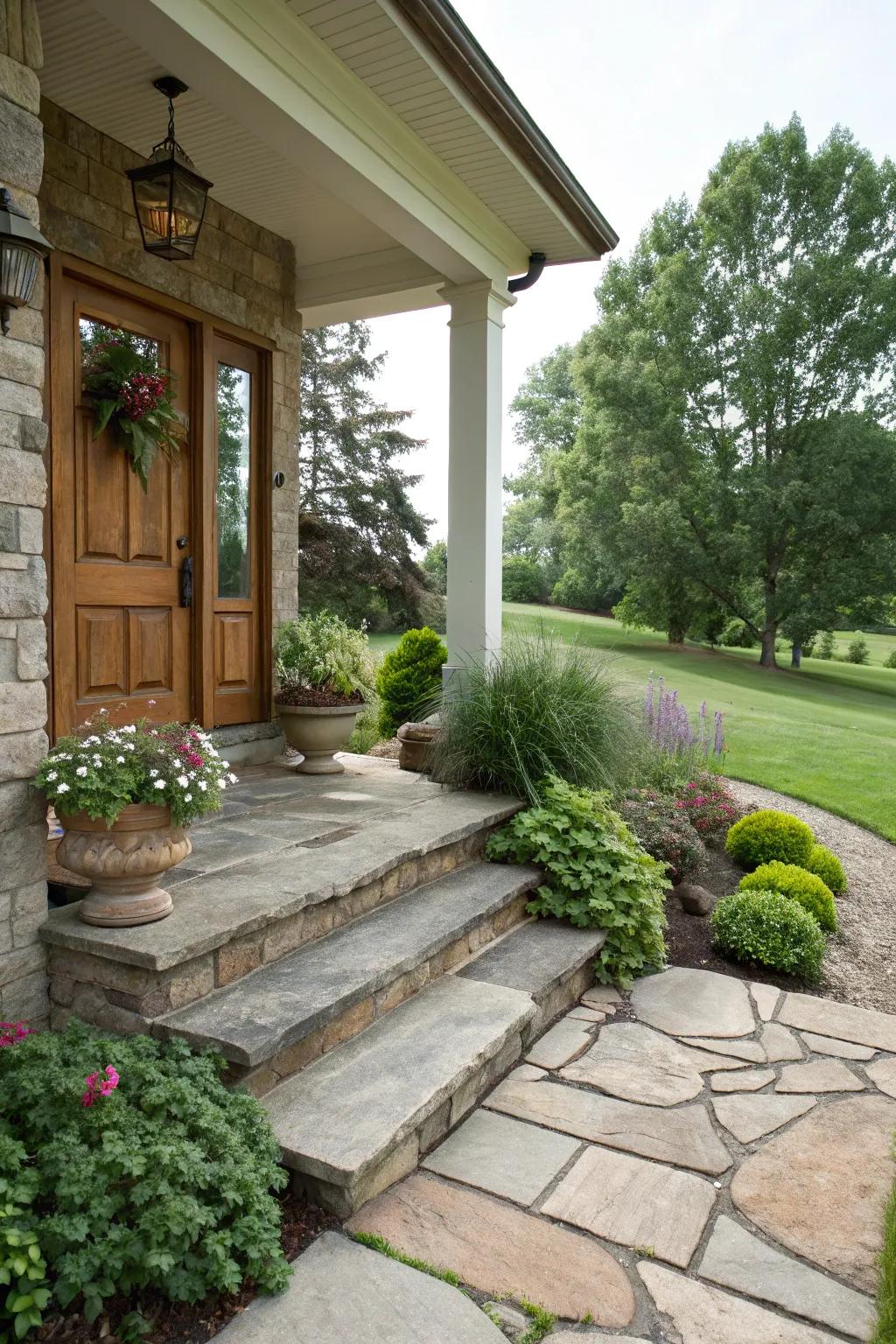 Stone steps offer an elegant, welcoming entry.