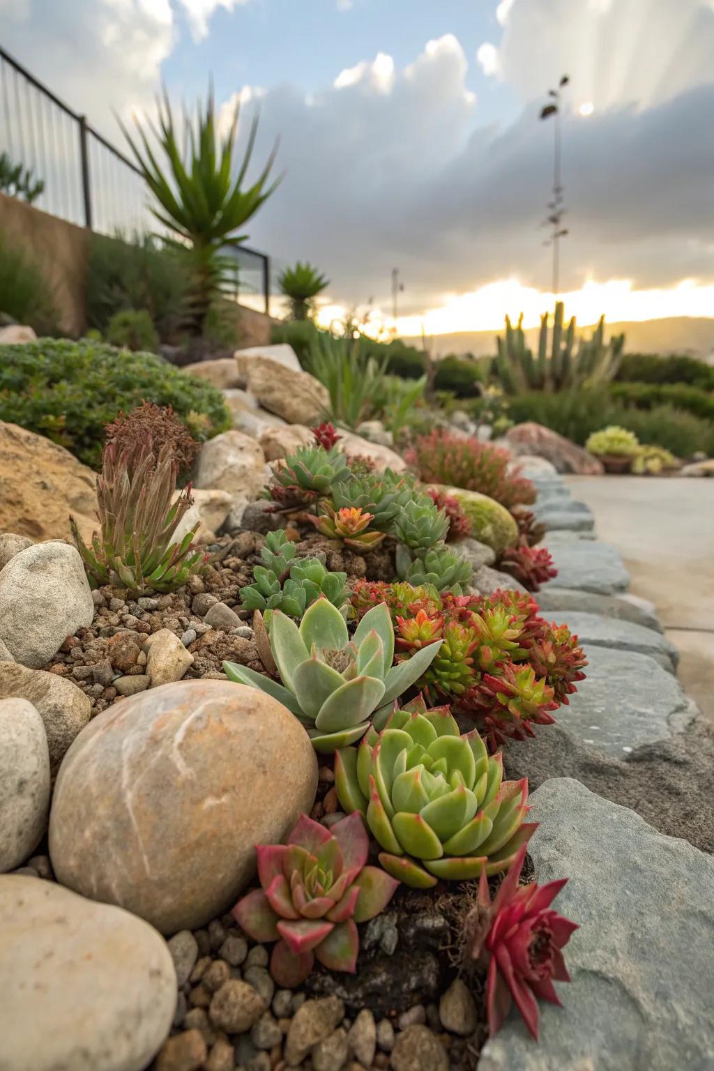 Succulents nestled among stones, creating a natural and chic garden look.