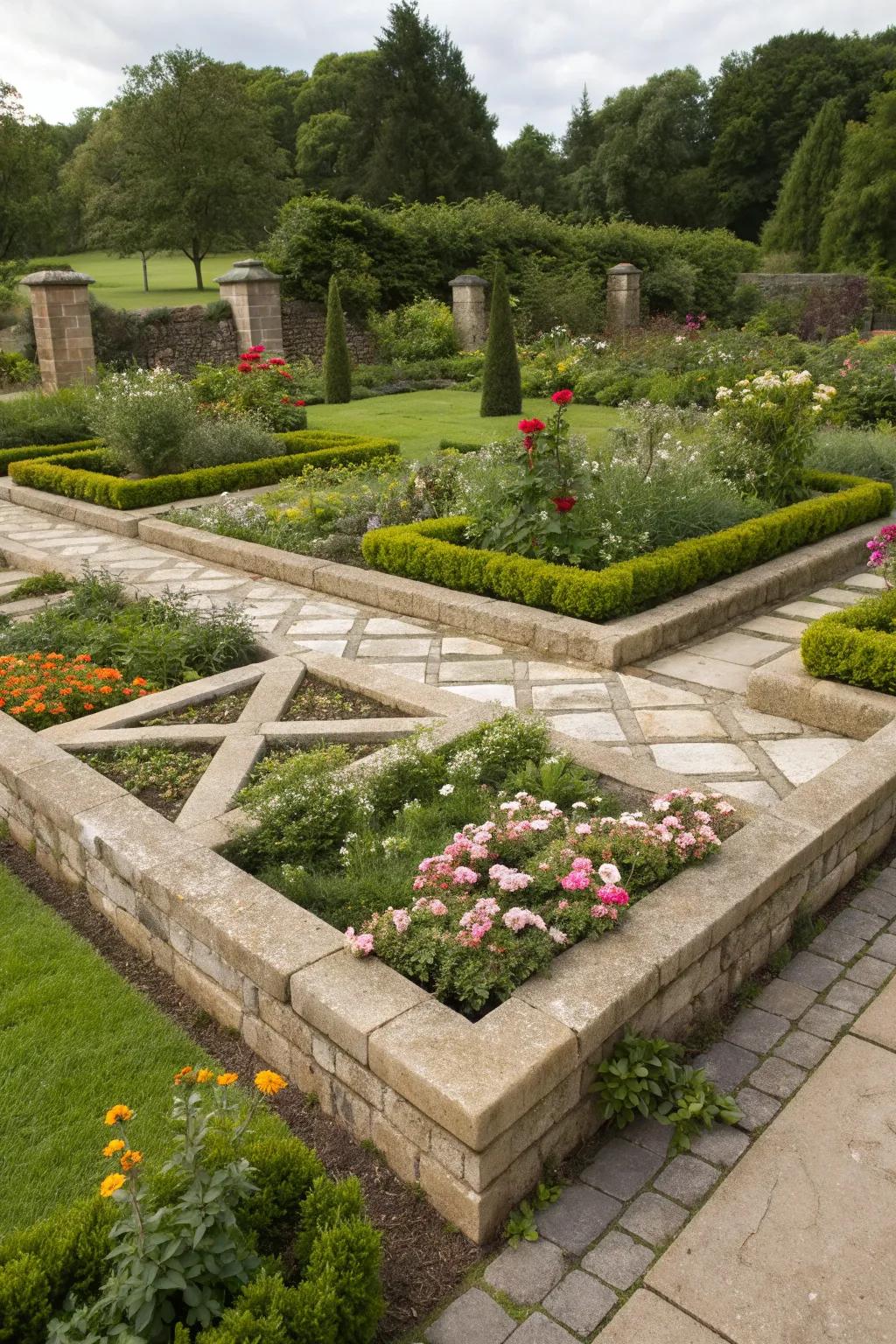 Contemporary flair with geometric stone designs.