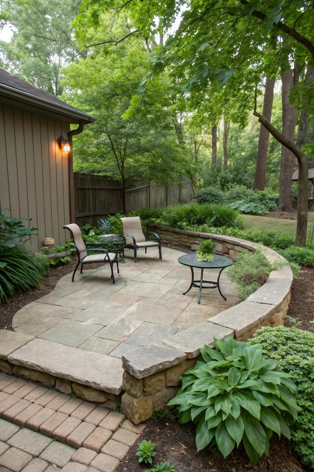 Natural stone edging that defines and enhances the patio.