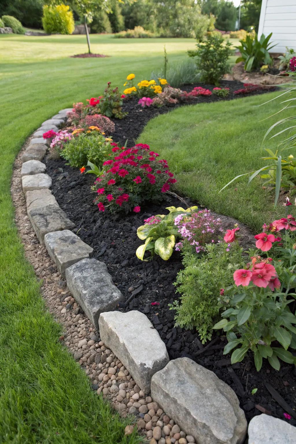Stone borders contrast beautifully with lawns and mulch.