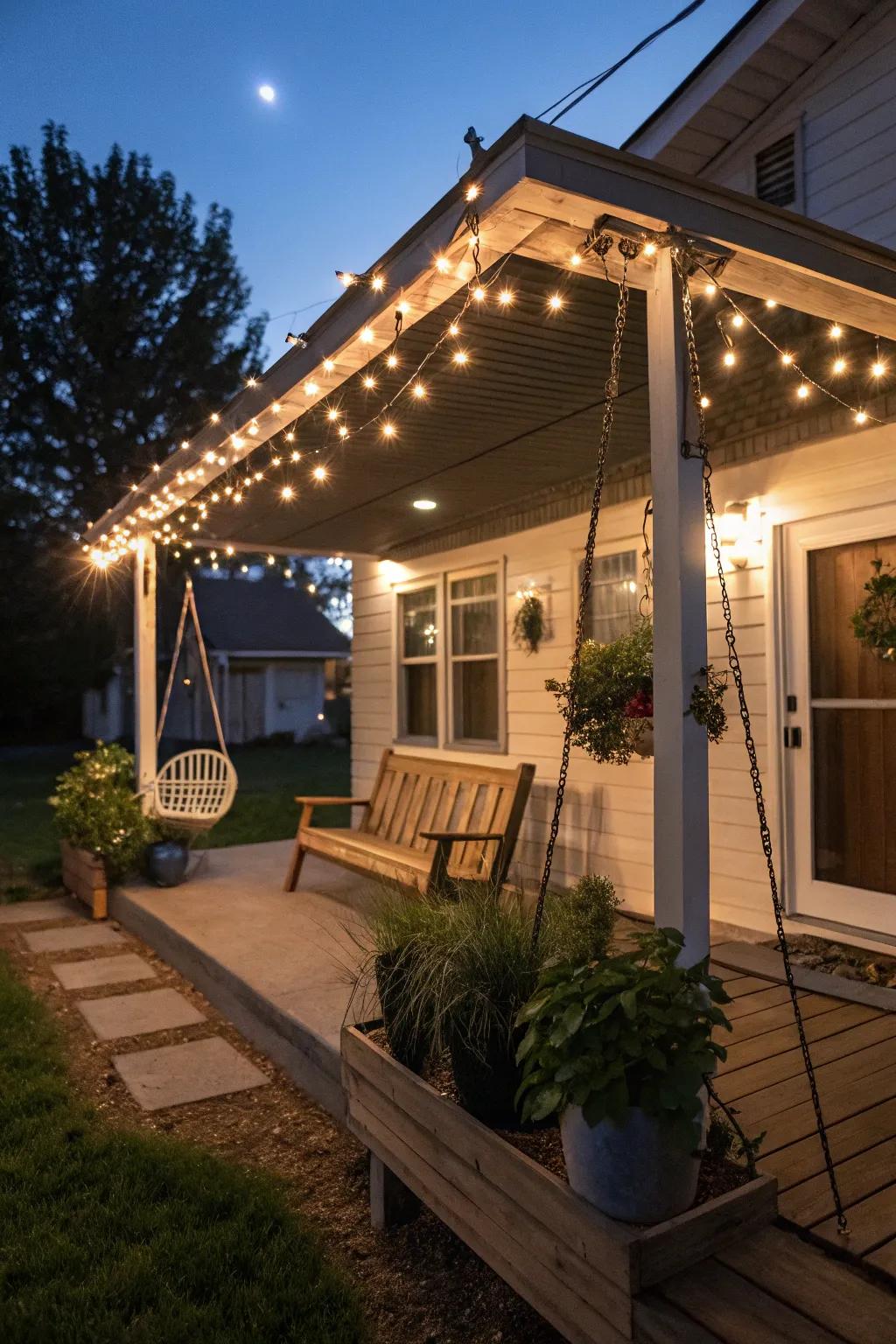 An eco-friendly front porch lit by solar-powered string lights.