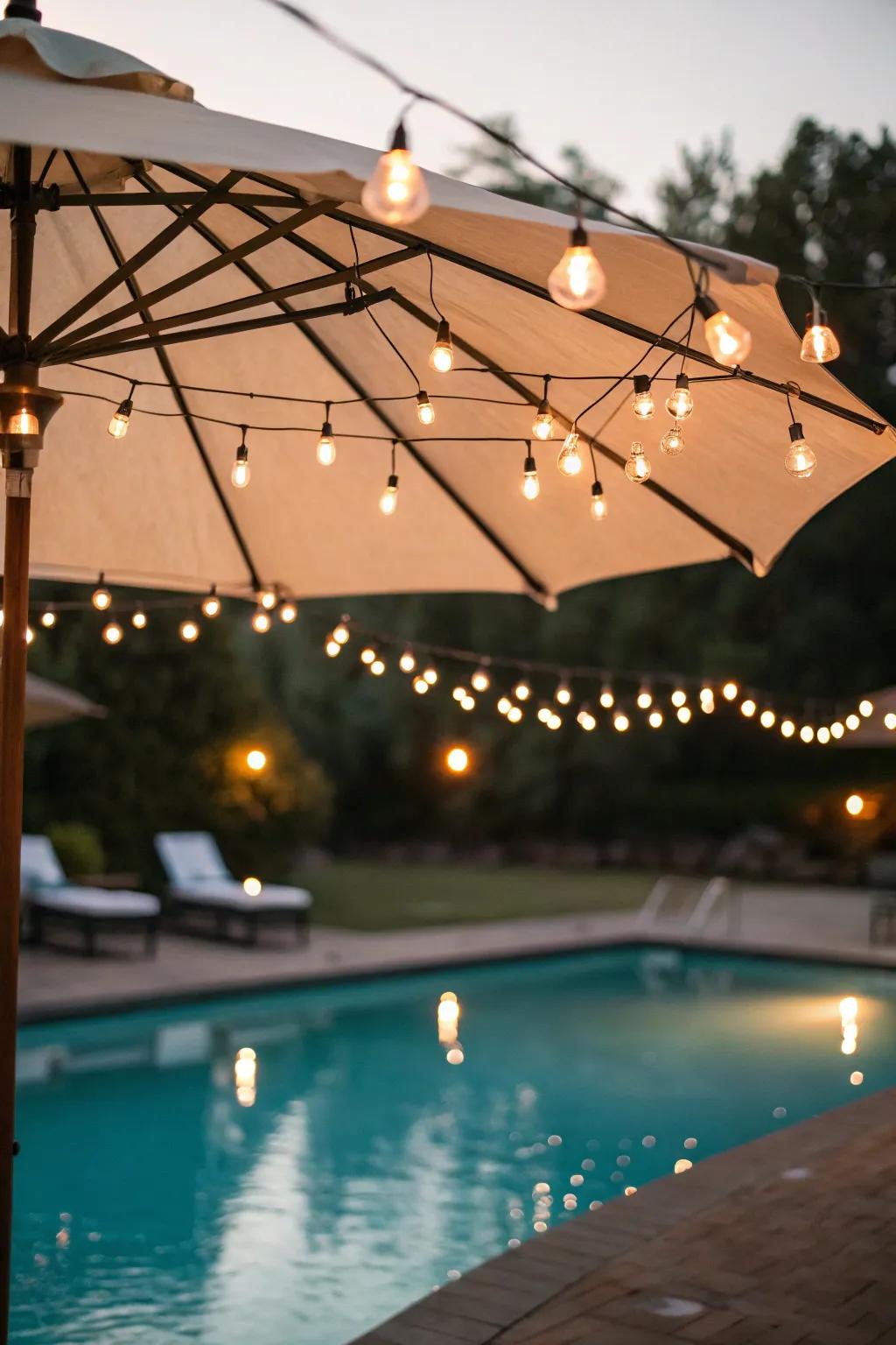 Umbrella lights create intimate spaces for evening chats.