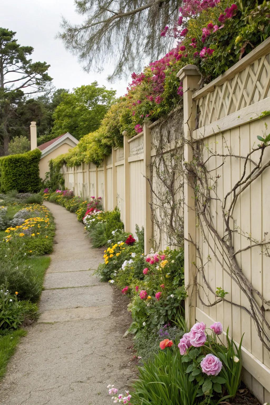 Stucco fence beautifully integrated with lush greenery.