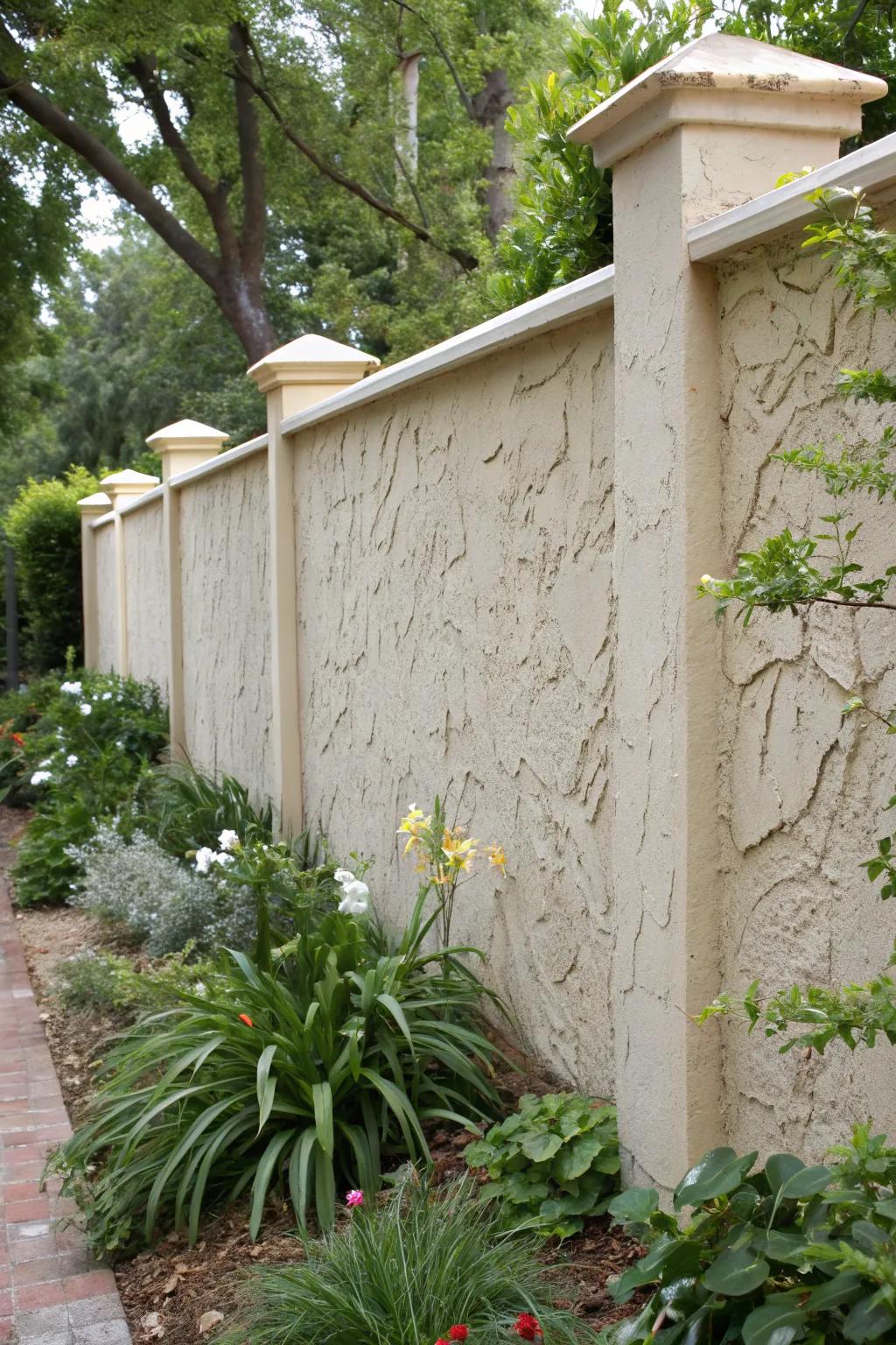 A textured stucco wall adding character to the garden.