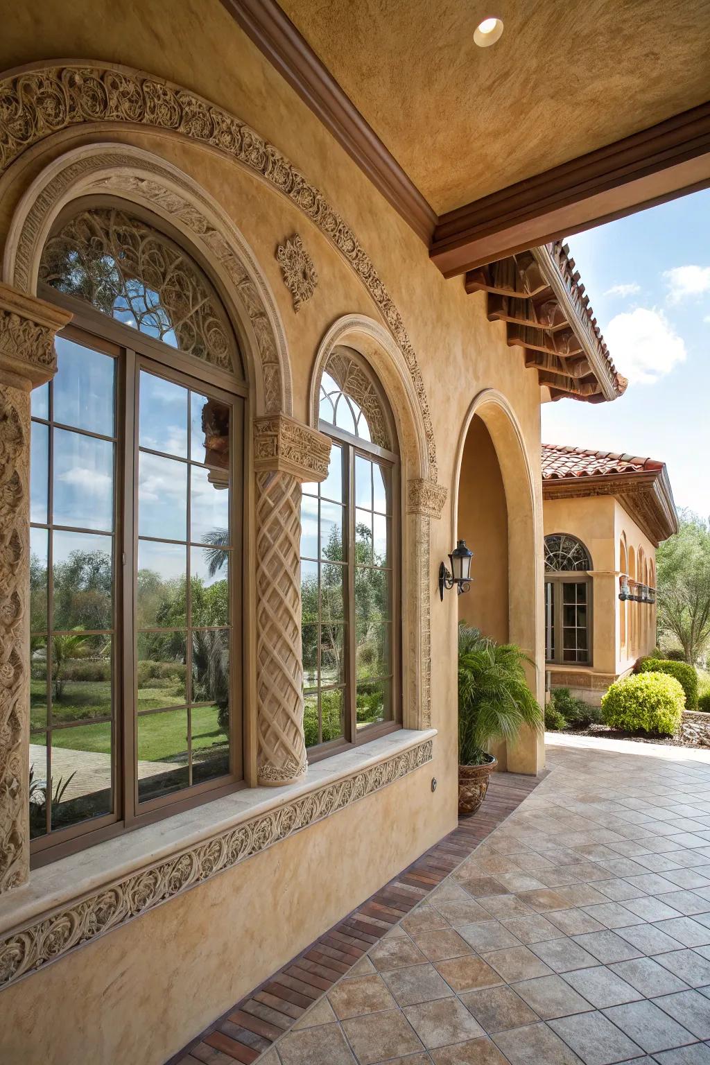 Stucco house with unique architectural features.
