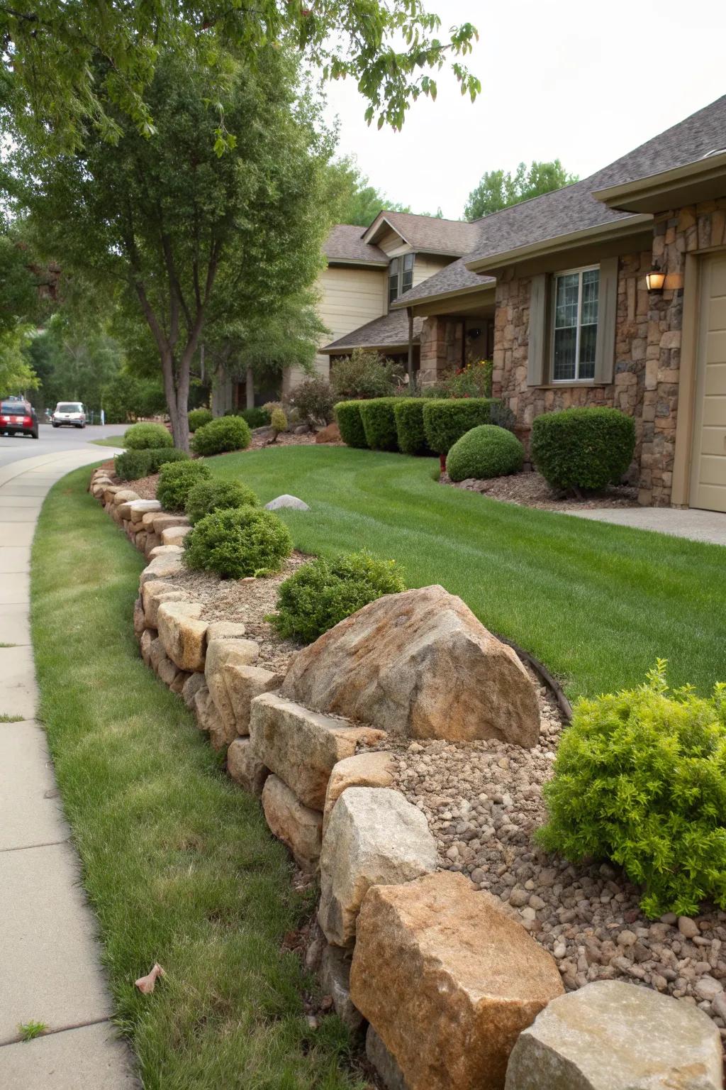 Rustic stone features add a natural touch to this suburban landscape.