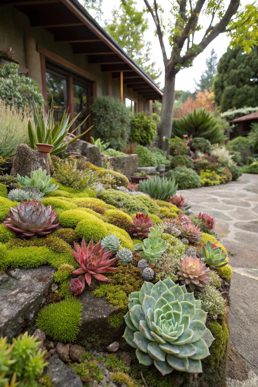 Moss adds a lush, magical touch to a succulent fairy garden.