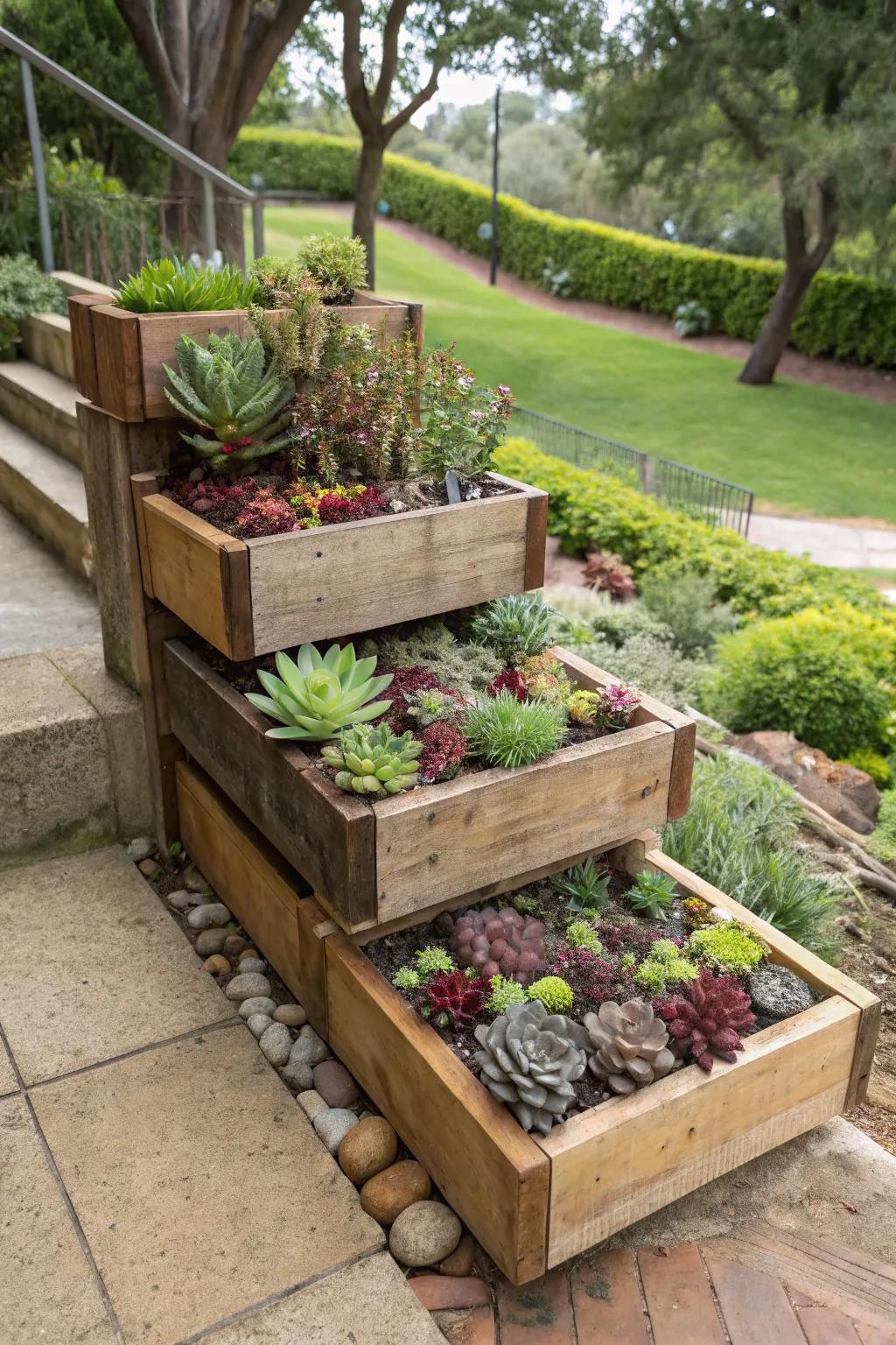 Tiered planter boxes add depth and interest