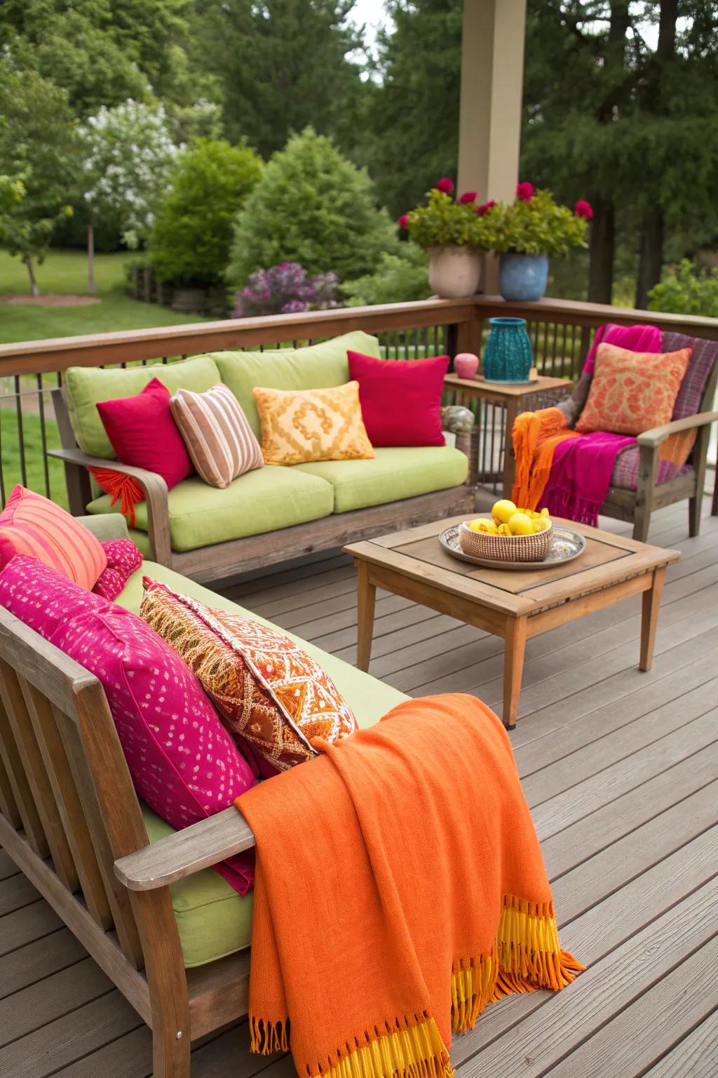 Brighten your deck with colorful cushions and throws.