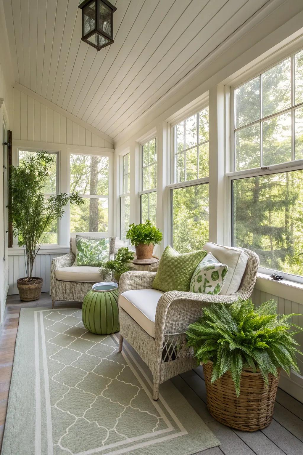 Neutral colors with green accents create a calming sun porch.