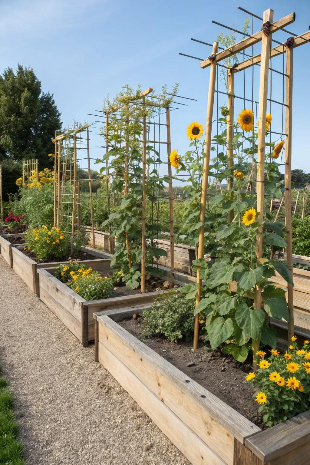 A neat and organized setup with sunflowers in raised garden beds.