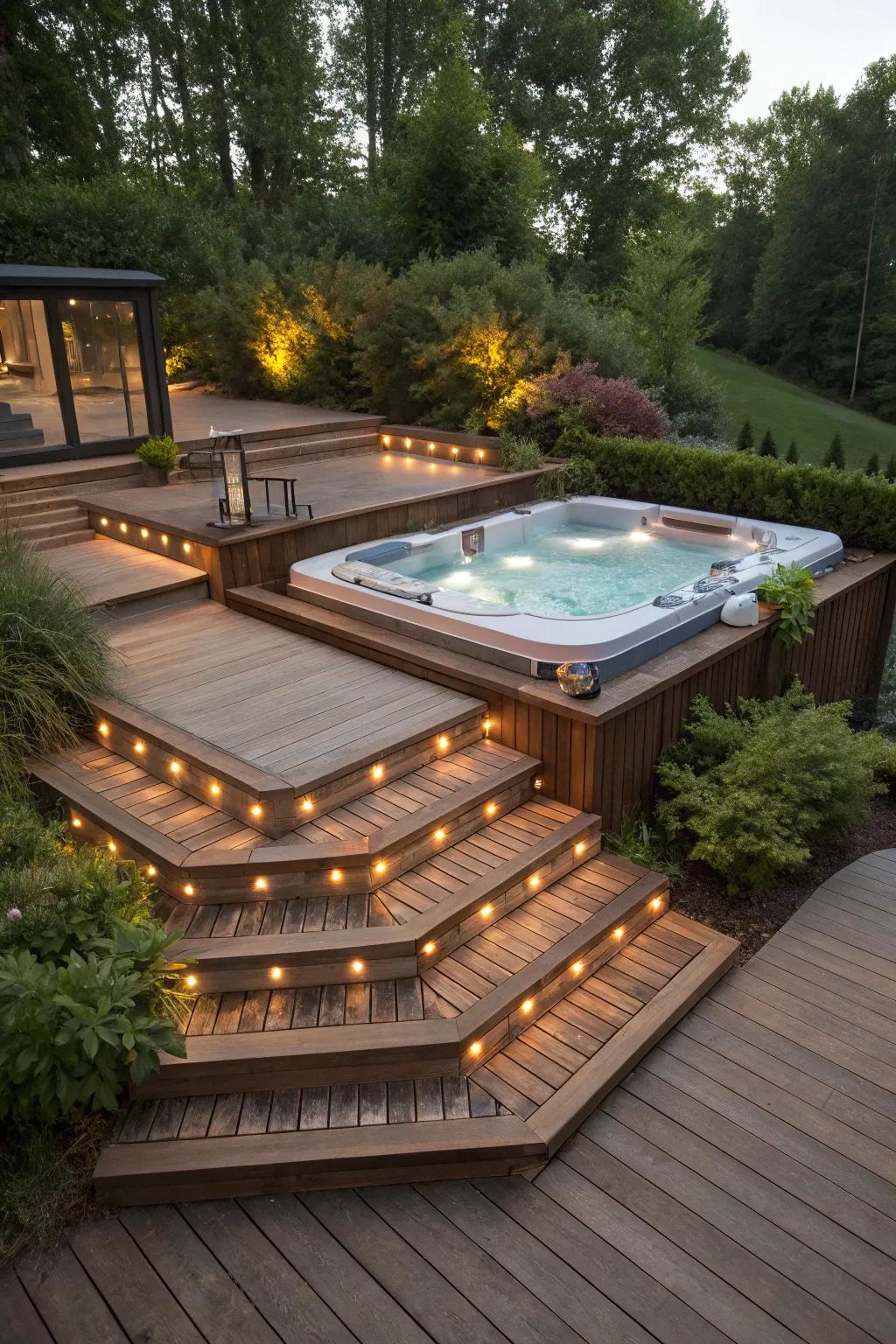 A multi-level sunken hot tub deck with a stylish tiered layout.