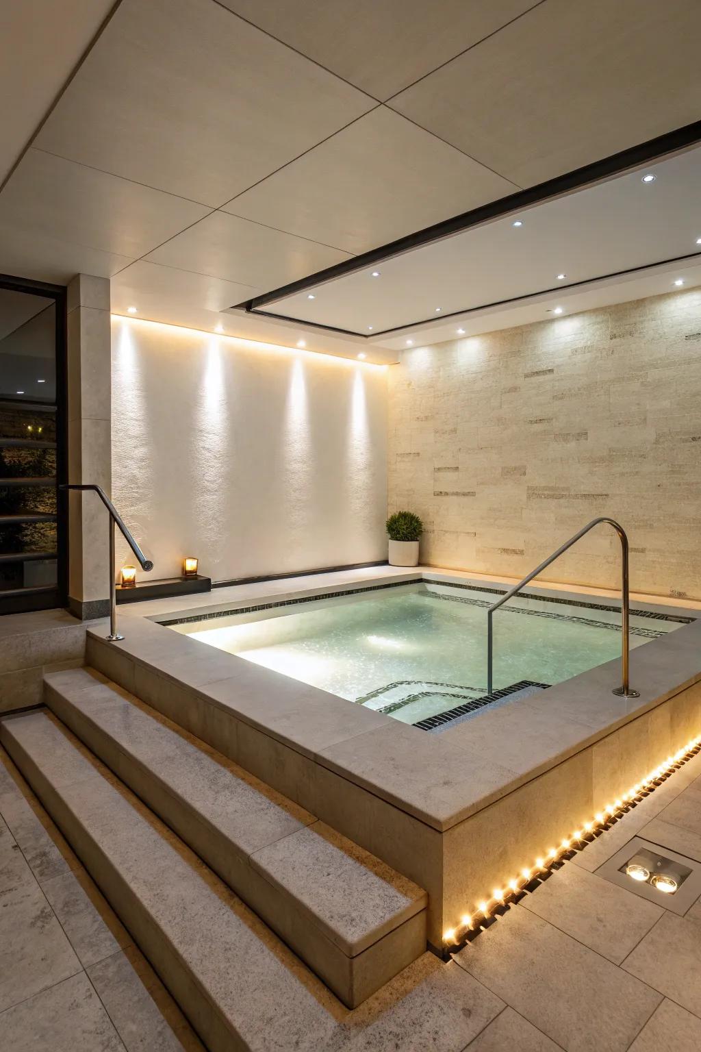 Modern aesthetics with sleek lines create a sophisticated hot tub setting.