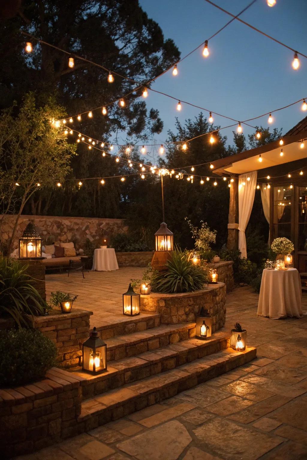 Ambient lighting sets a magical tone for this sunken patio at night.