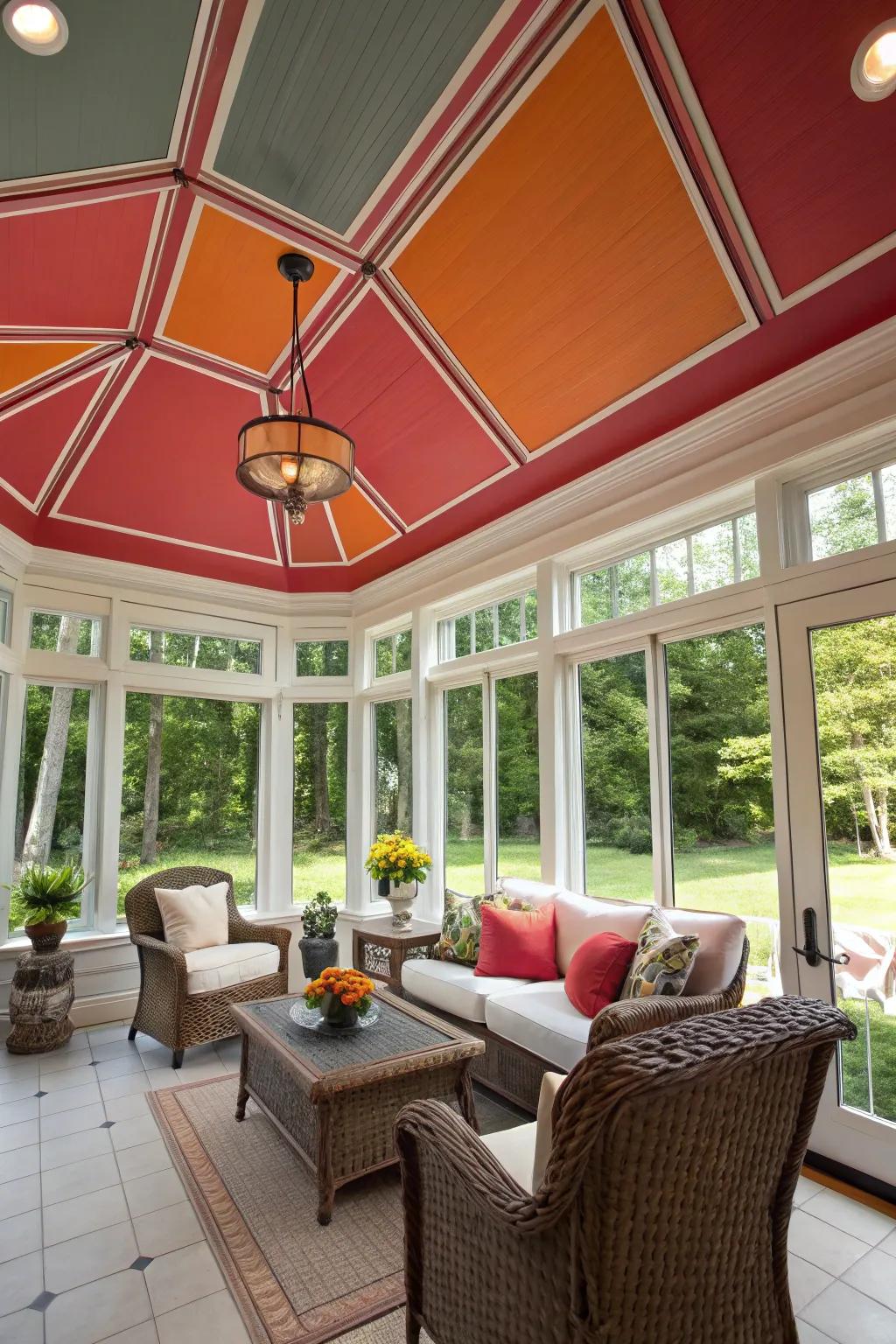 A painted ceiling can bring a pop of color to your sunroom.