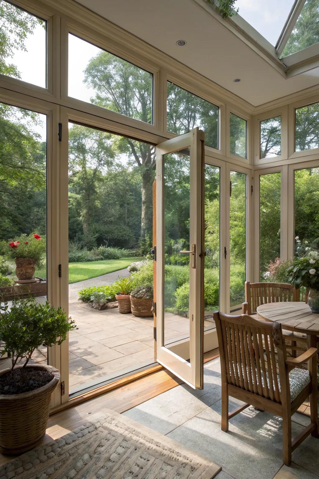 Dramatic floor-to-ceiling glass doors offering stunning outdoor views.