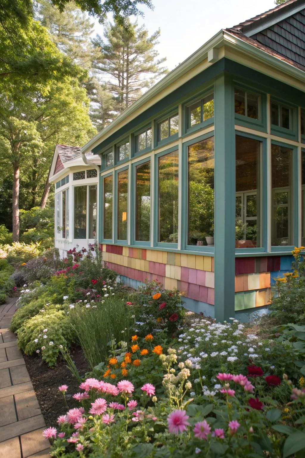 A vibrant sunroom with fiber cement siding, adding color to the garden.