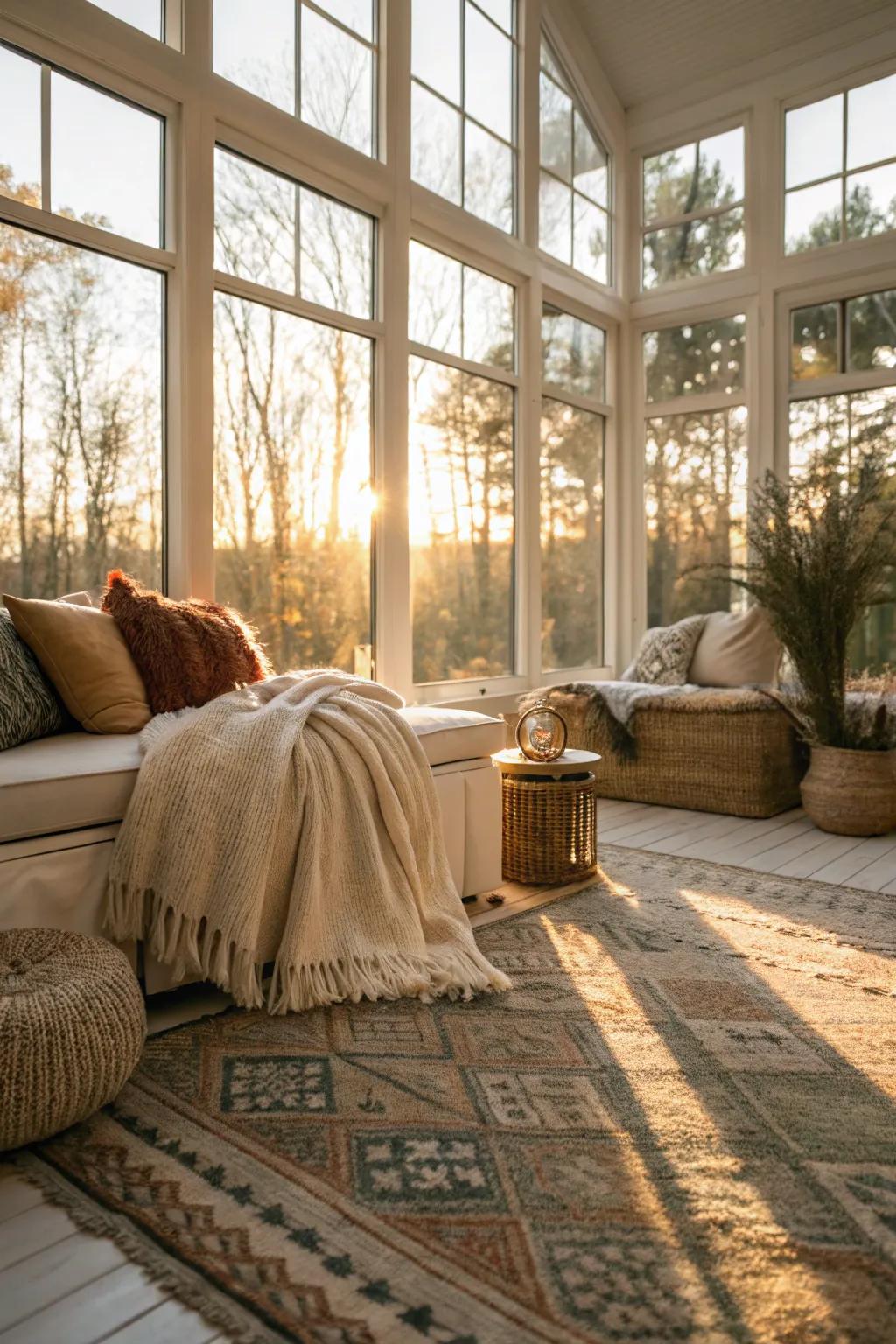 Textured rugs and throws add warmth and style to the sunroom.