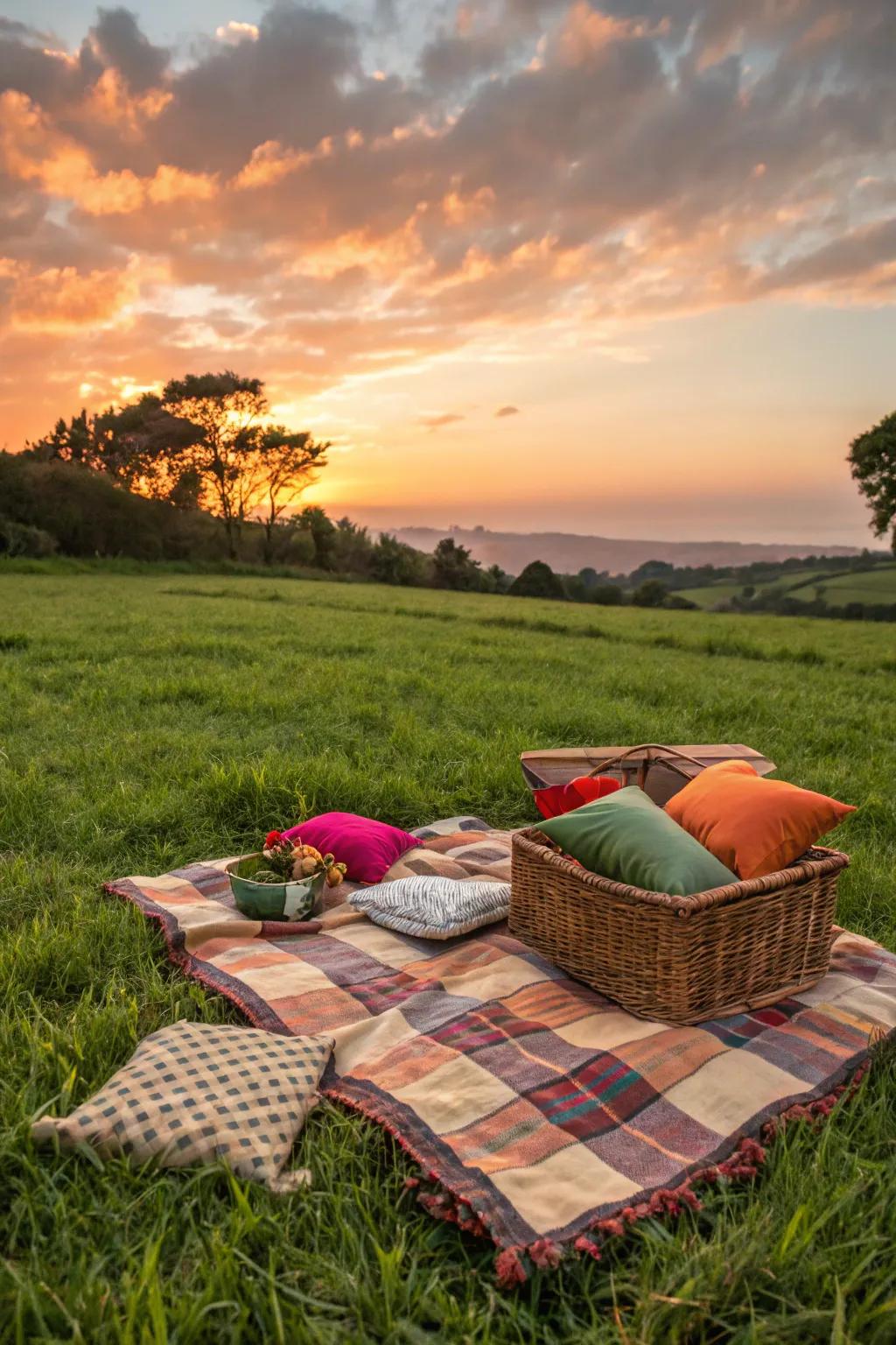 A cozy picnic blanket setup perfect for sunset.