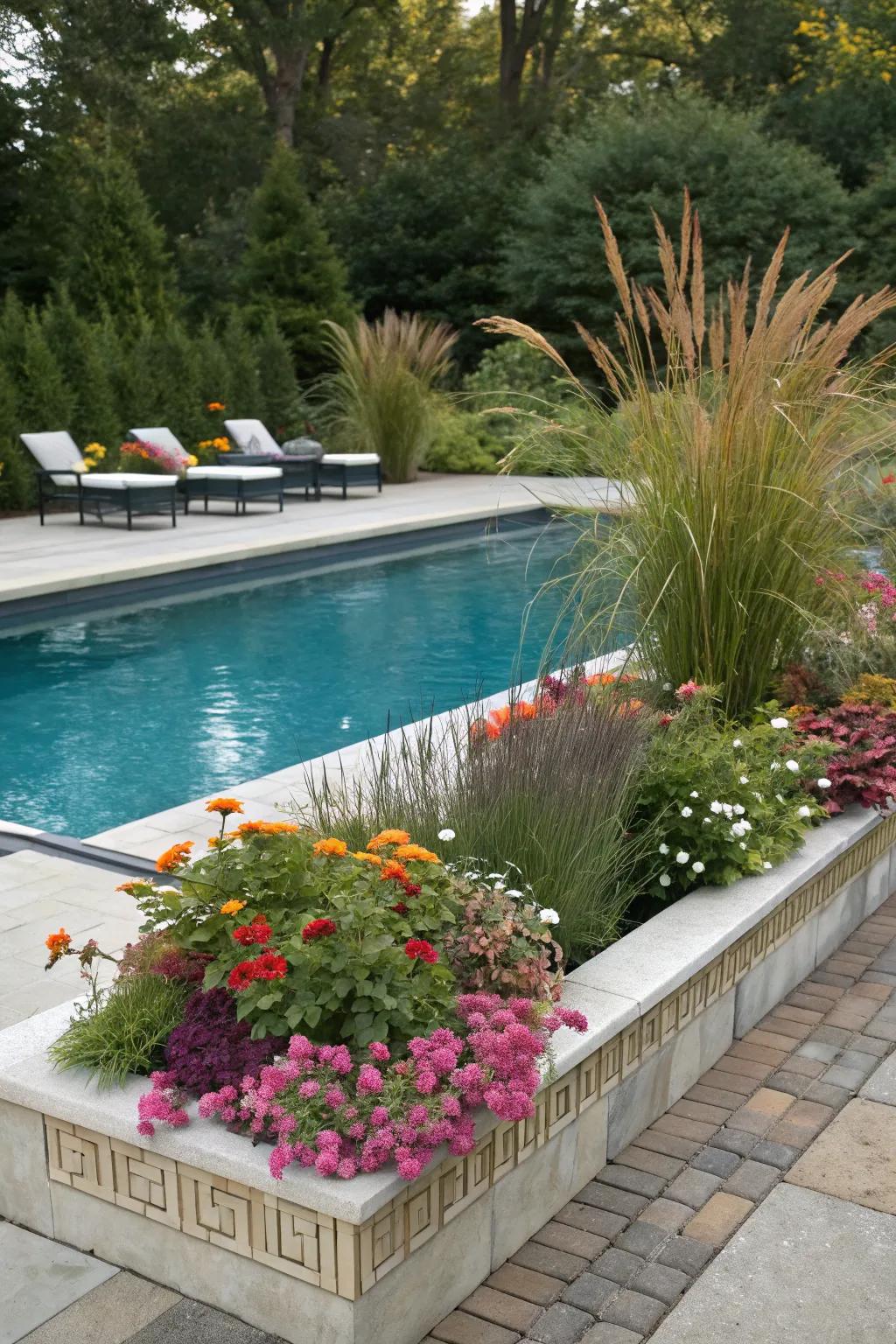 Planters around the pool enhance the natural beauty and create a lush atmosphere.