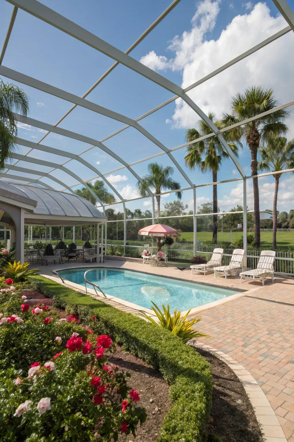 A spacious pool enclosure with room for lounging and socializing.