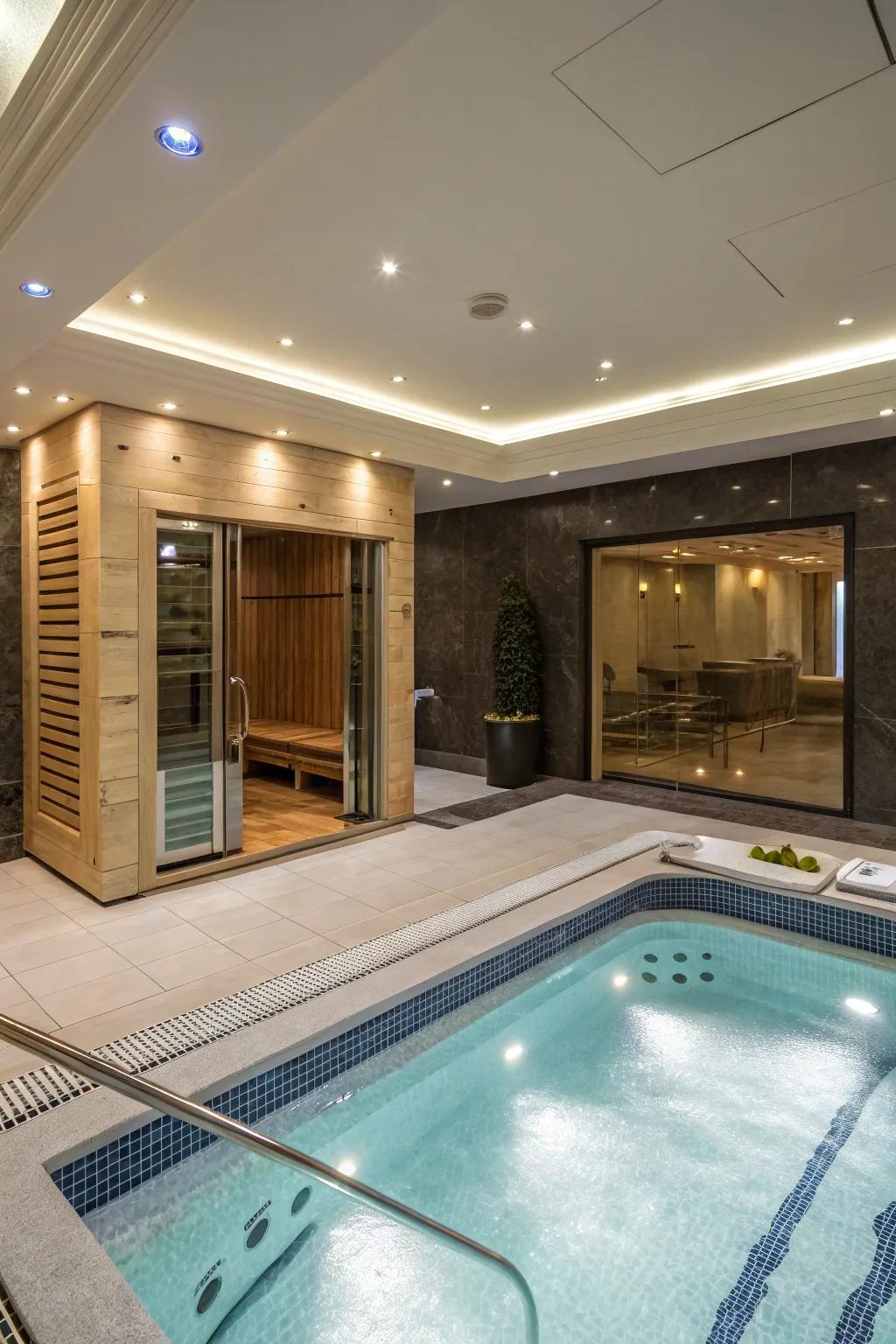 Spa-like features enhance relaxation in the pool room.