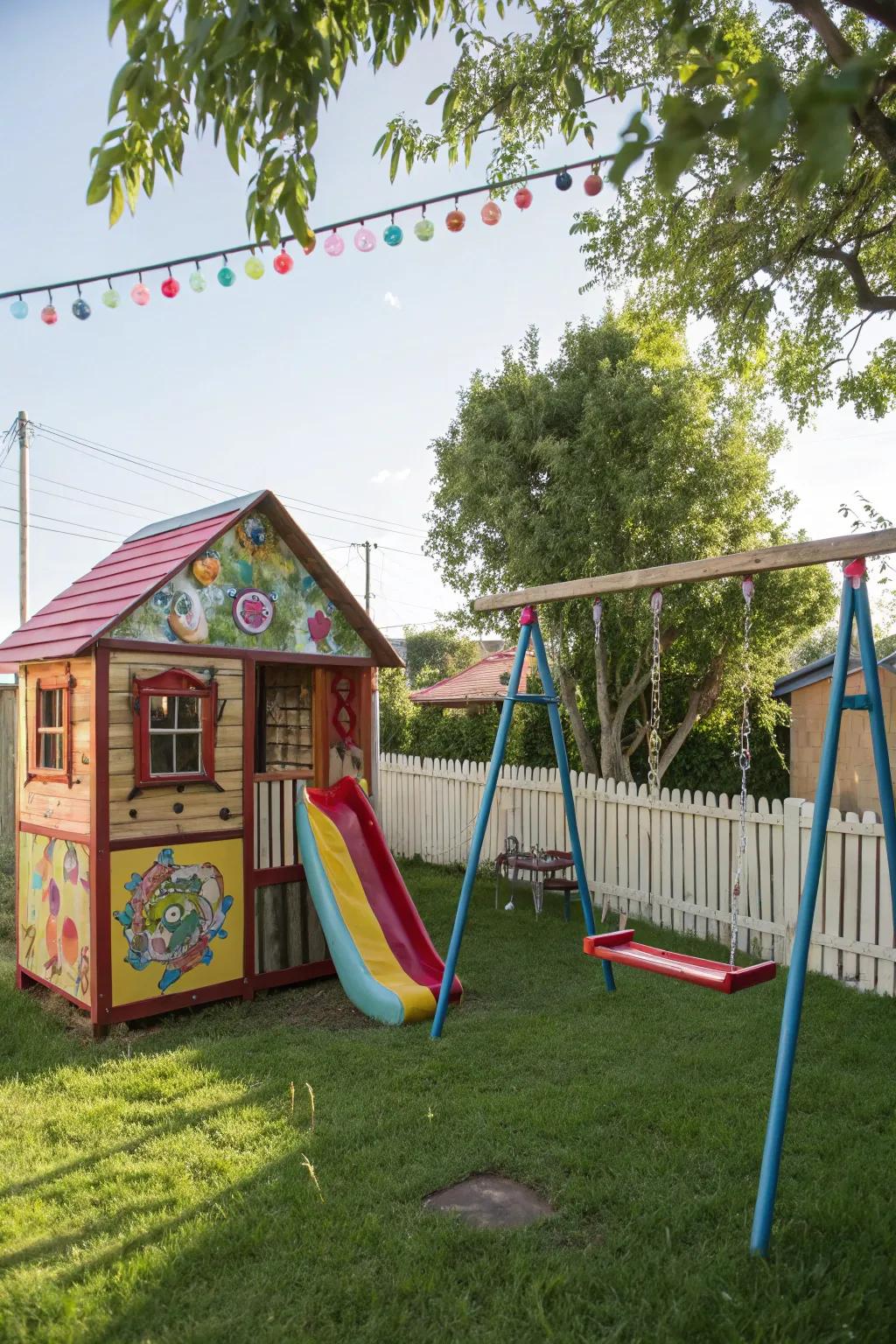 A backyard swing set with an adjacent colorful DIY playhouse.