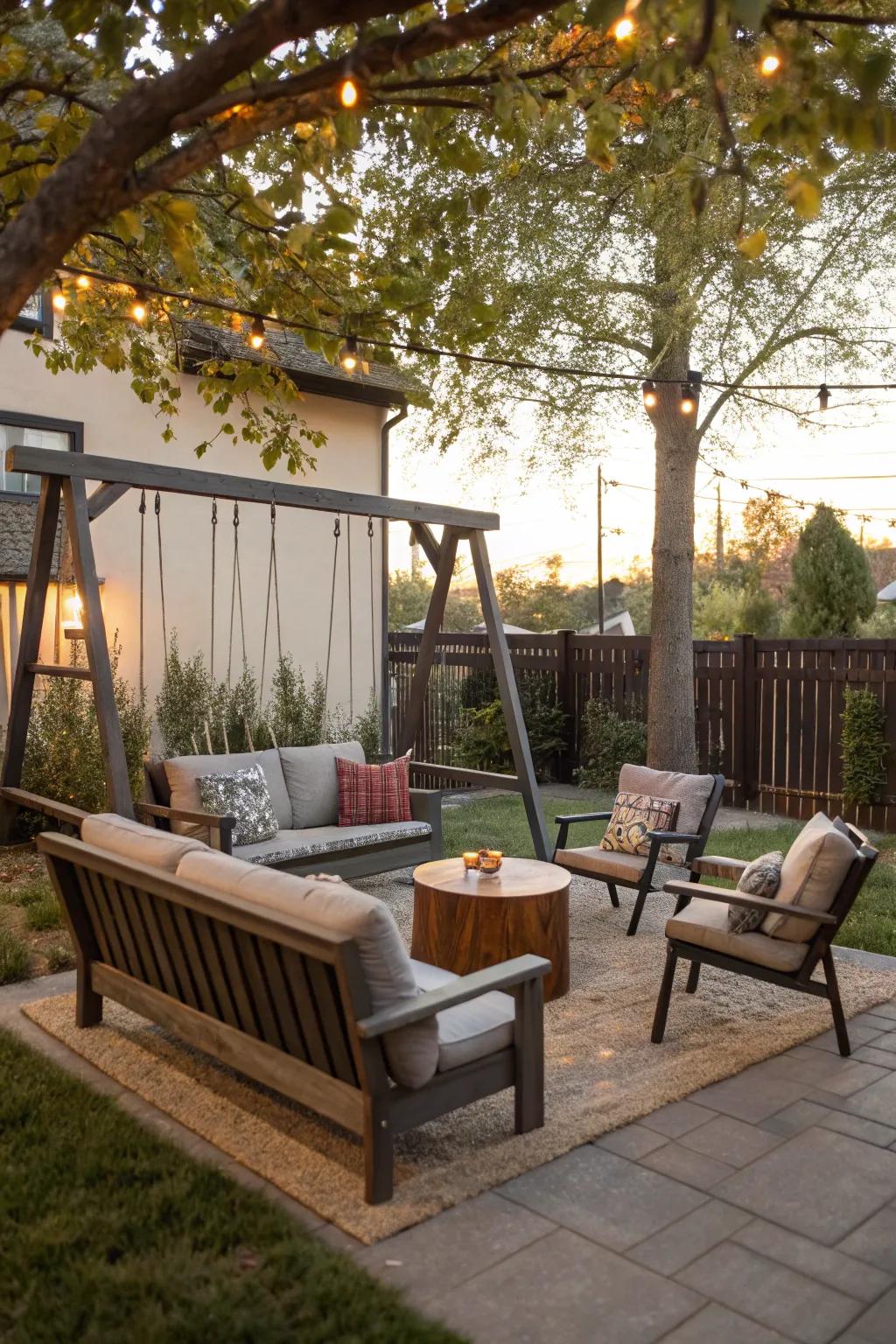 Comfortable seating area beside the swingset.