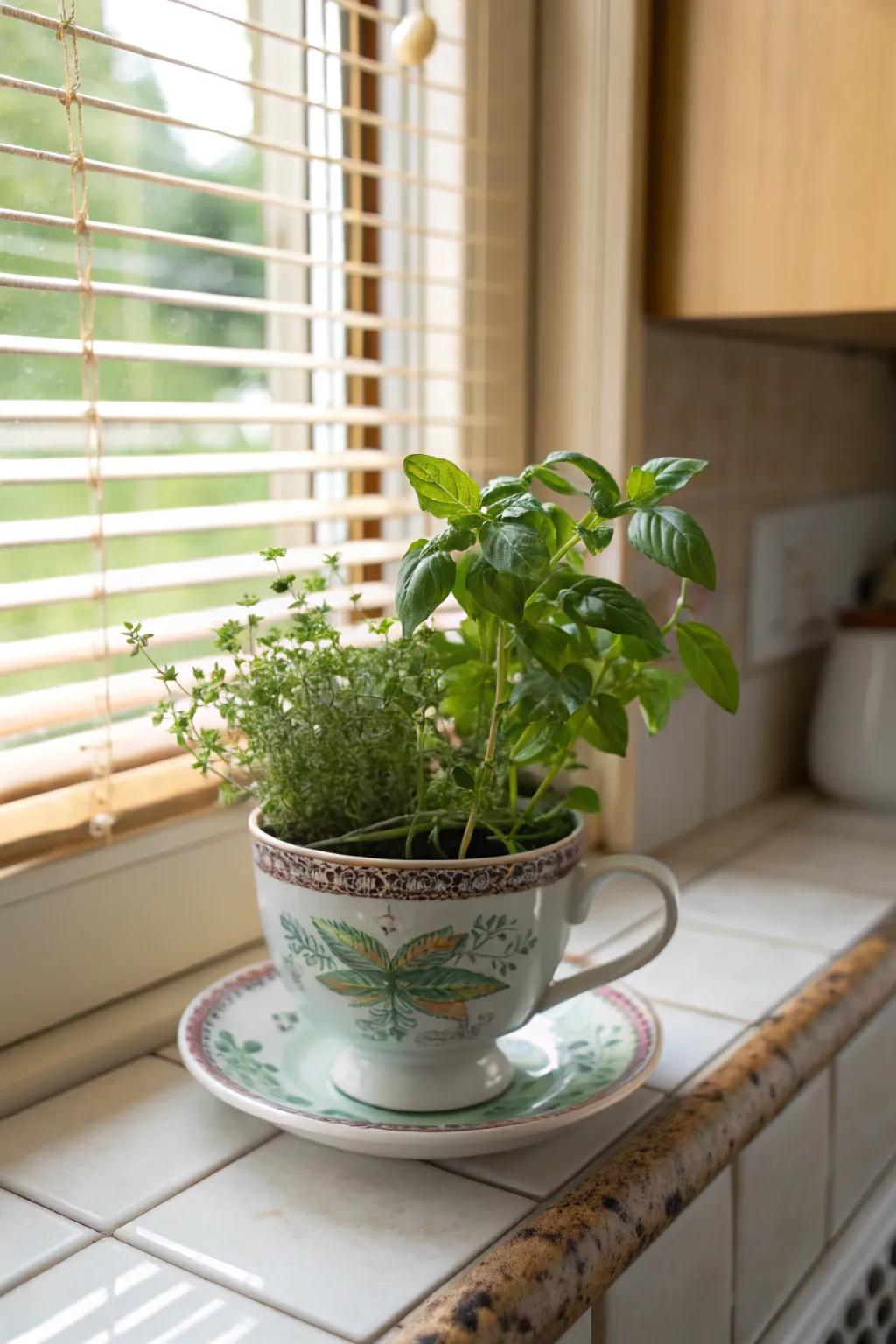 A functional herb haven in a teacup.