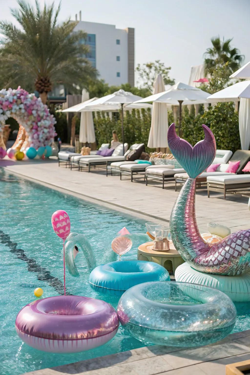 A mermaid-themed pool party with shimmering decorations and floats.