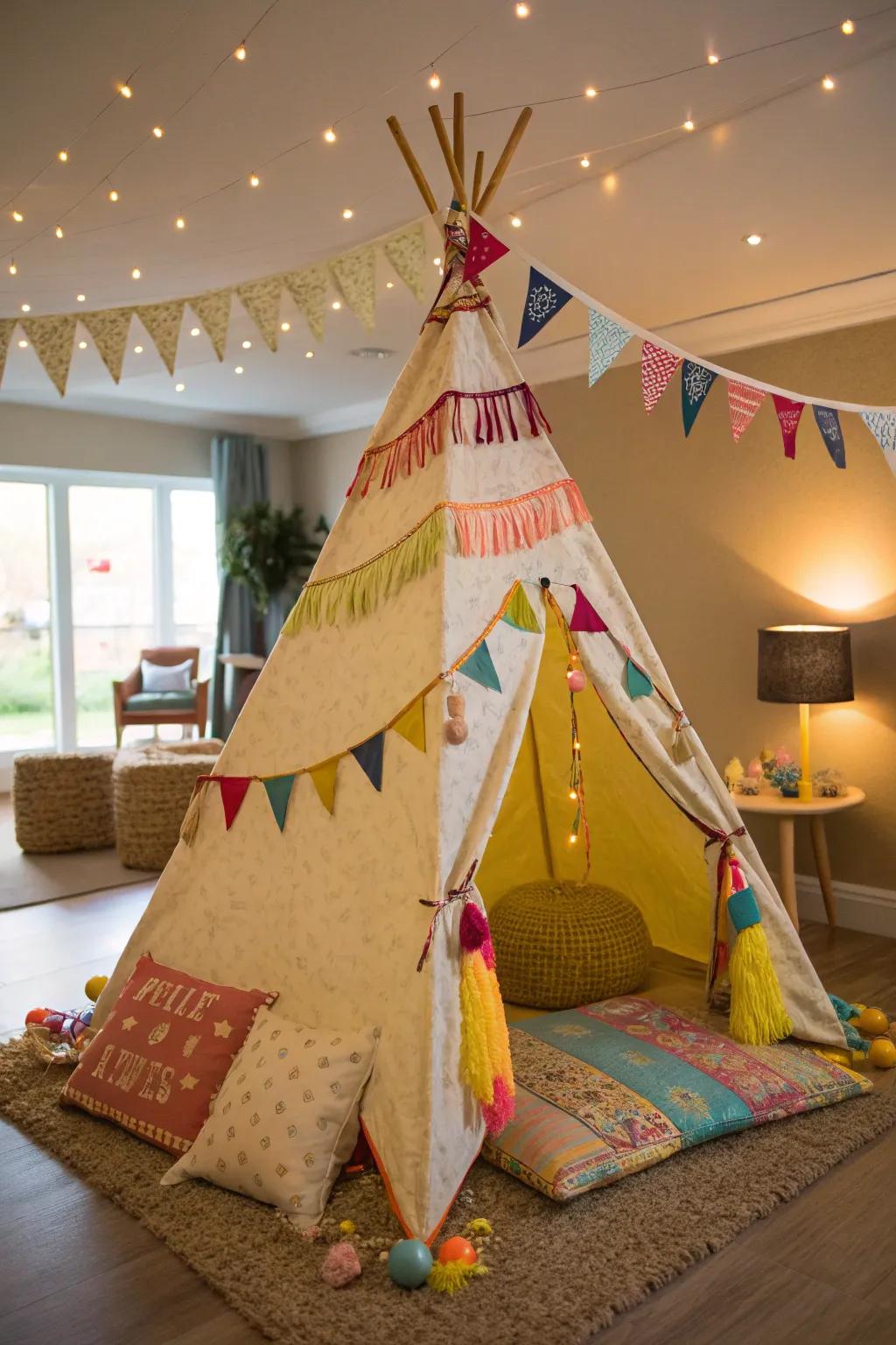 Bright and colorful decor makes for a lively teepee space.